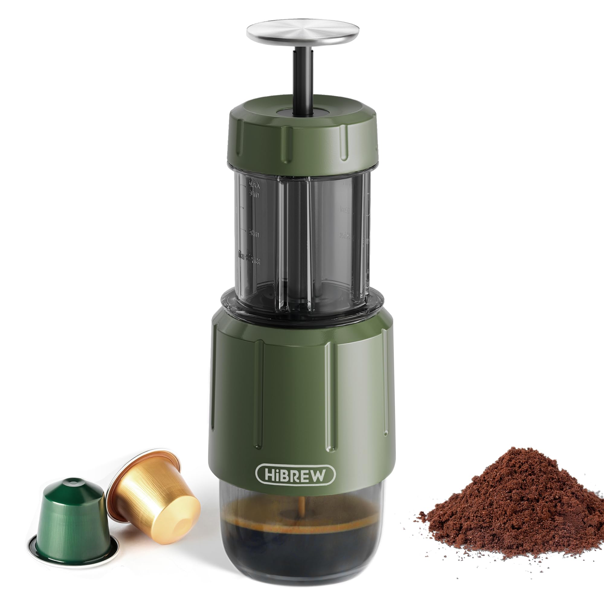 HIBREW H4D - Cafetera espresso manual para acampar y viajar, cafetera portátil con bomba de mano, taza integrada, compatible con café molido 2 en 1 y cápsulas originales Nes