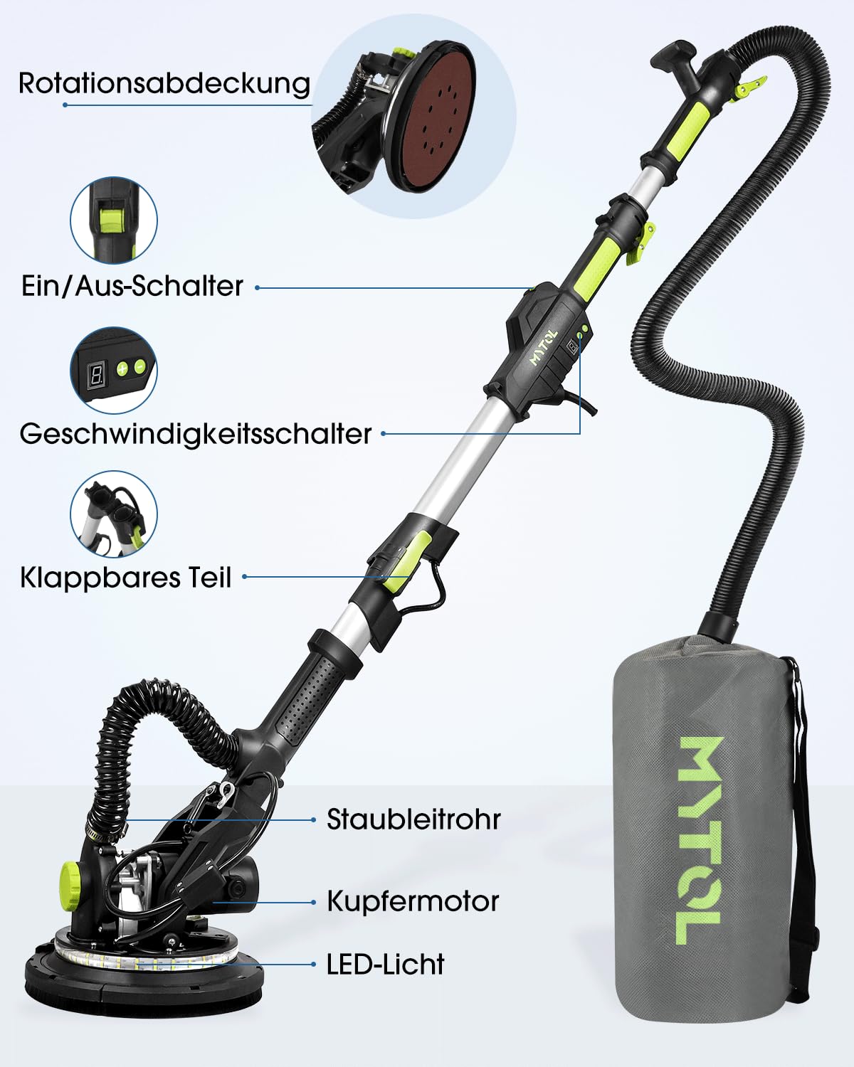 Trockenbauschleifer 900W, Wandschleifer & Deckenschleifer mit Absaugung, 1800 U/min, 6-Stufen Geschwindigkeit, Klappbarer Teleskopstiel, LED-Leuchte, inkl. 12 Schleifblättern