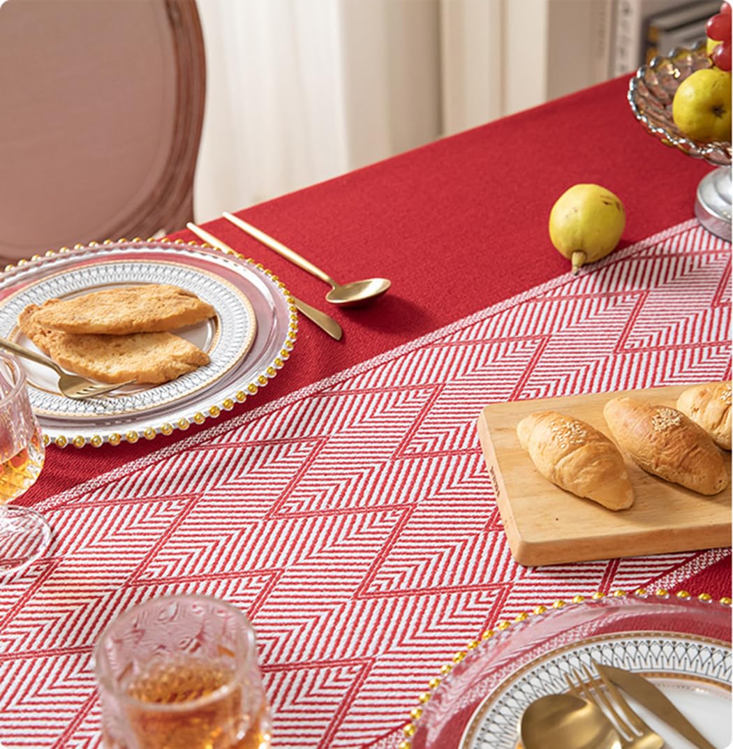 Mantel de algodón y lino con flecos para cocina, comedor y mesa de café, lavable a máquina, rojo, 140 x 260 cm