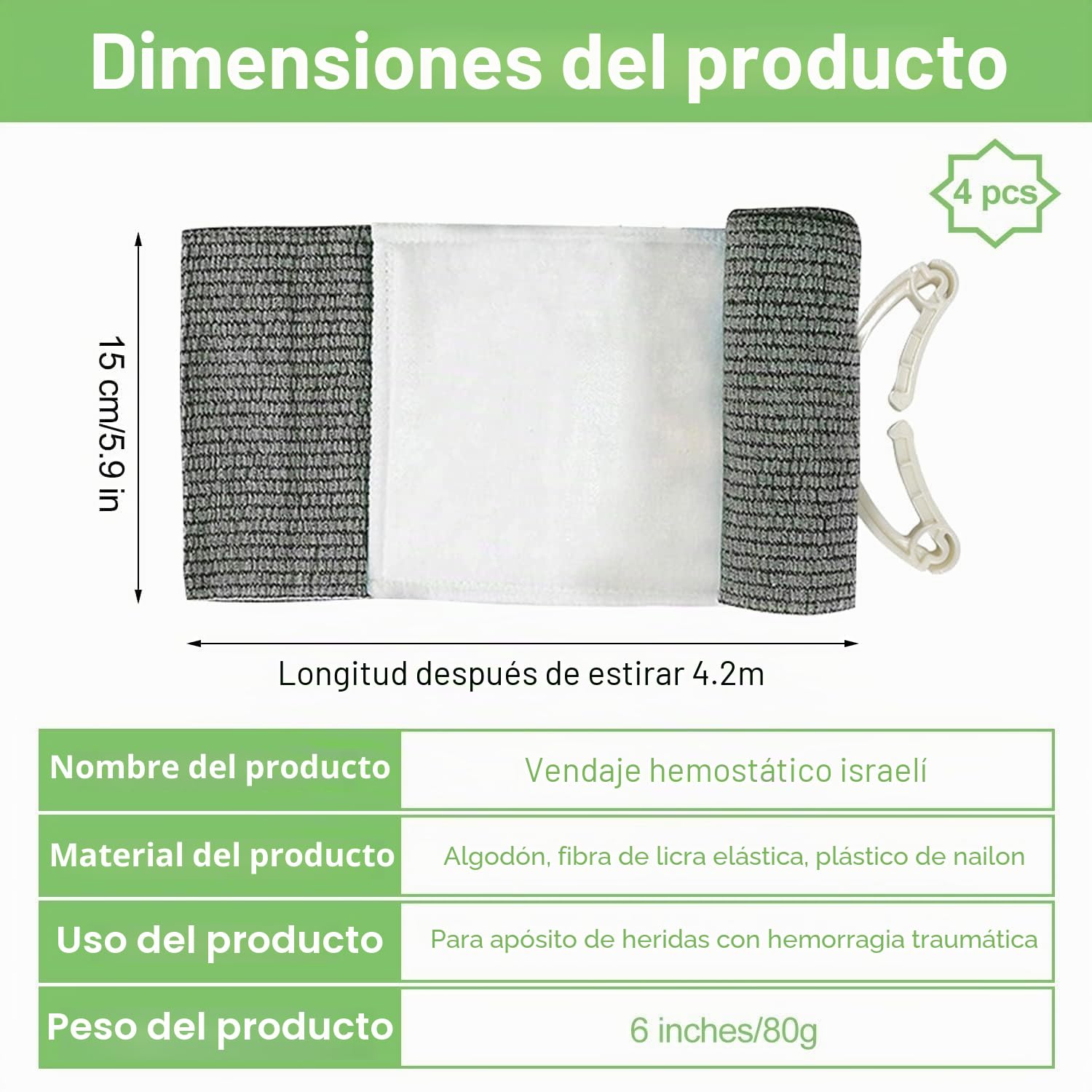 4 Piezas Vendaje Israelí, Vendaje de Emergencia de 6 Pulgadas, Israeli Vendaje Hemostático, Israel Vendaje, Vendaje de Emergencia para Exteriores, Color Gri