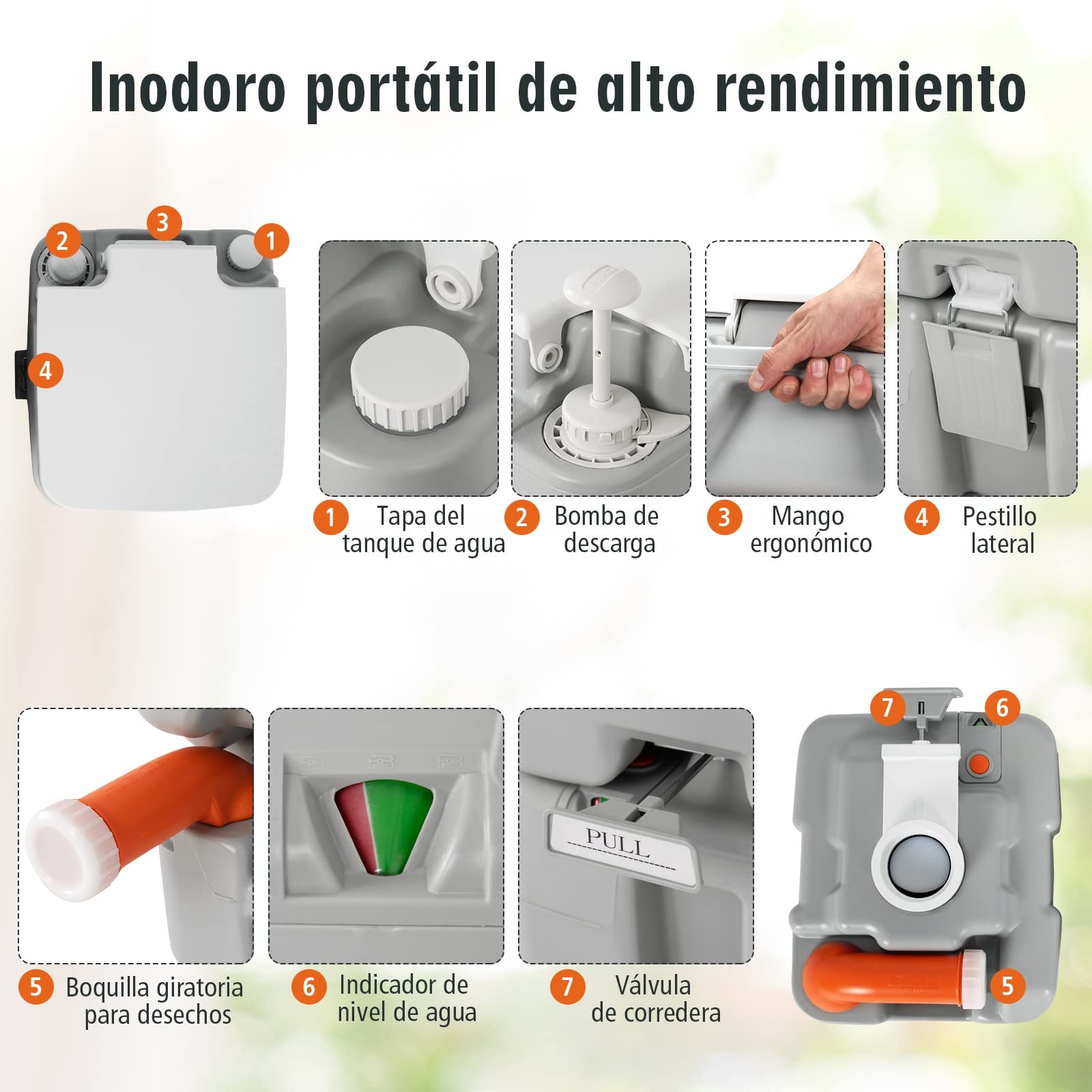 COSTWAY WC Portátil, Inodoro Portátil de Camping con 20 L de Tanque Extraíble de Agua Residuales y Bomba de Desagüe, para Autocaravana con Indicador del Nivel del Agua,Carga 200 kg y Anticorriente