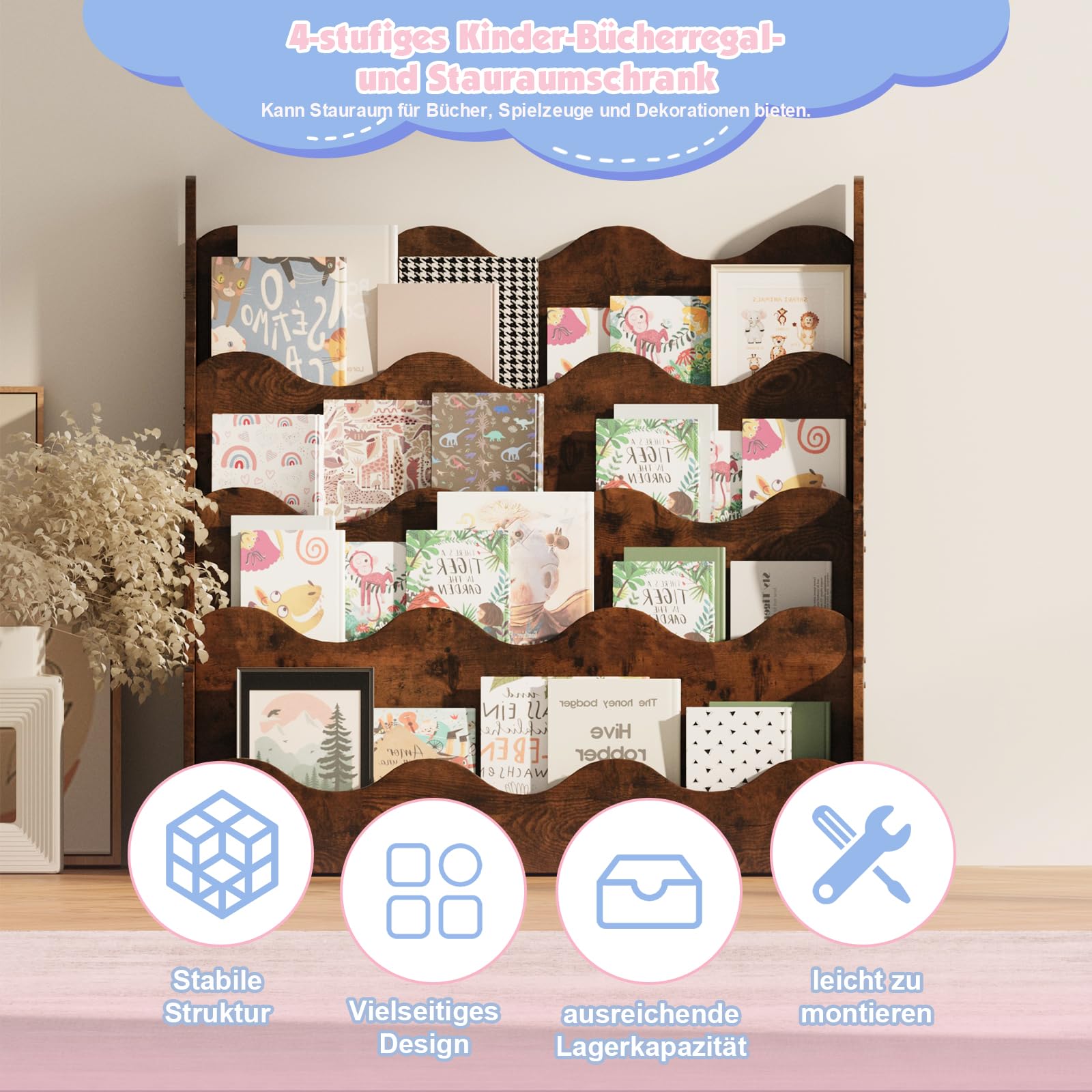 KEEPREAPER Kinder Bücherregal aus Kieferholz, Montessori Kinderregal mit 4 Ablagen, für Kinderzimmer Spielzimmer, 80x38x80cm (Braun-Welle)