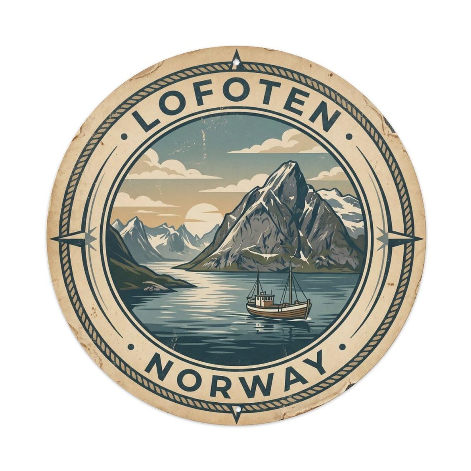 Vintage Norway Lofoten Round Travel Vintage Metal Tin Sign Plaque Wall Decor for Cafe, Club Bar, Office, Garden Metal Poster 8x8Inch