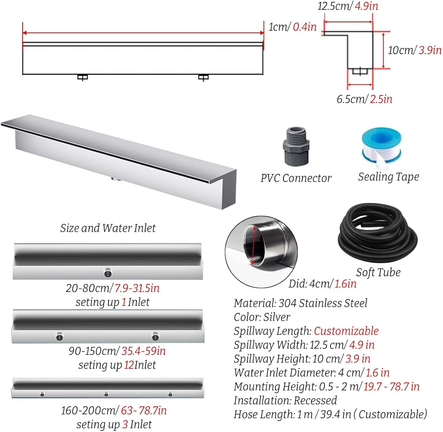 Customizable 20cm Waterfall Spillway for Pools & Ponds - 304 Stainless Steel Water Feature with PVC Connector, Silver/Black Finish, Enhance Your Outdoor Oasis