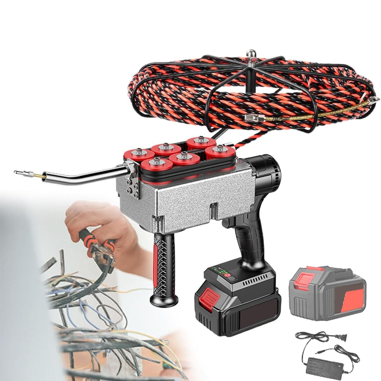 Pnpaea Automatic Cable Threading Tool,Wire Cable Puller,Automatic Cable Pipe Threading Device,for Network Cable And Fiber Optic Conduit Installation, 30MeterLeadWire-1battery(10cells)
