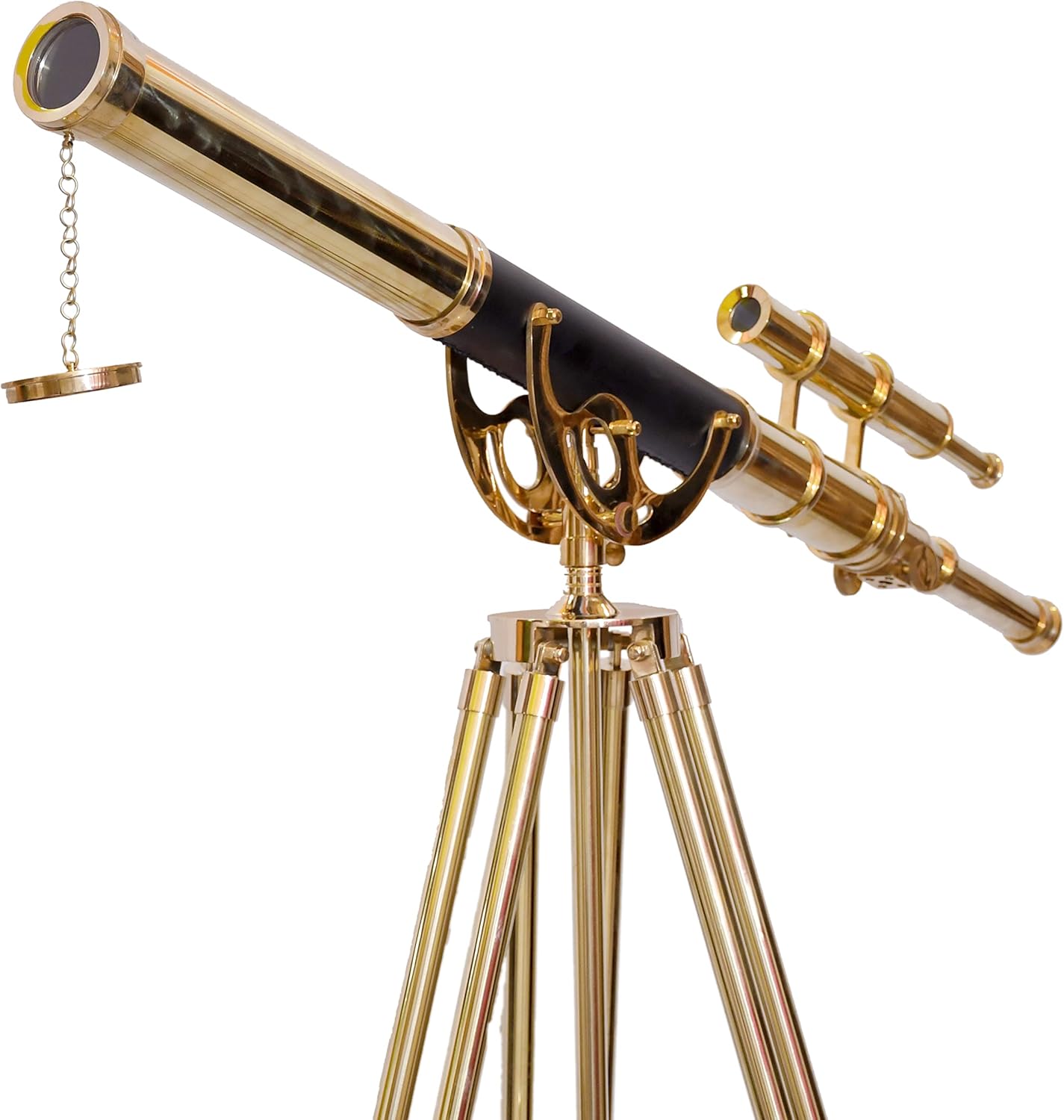 Vintage Double Barrel Telescope 39'' Shiny Brass Anchor Master with Adjustable Wooden/Brass Tripod Floor Standing Black Leather Collectible Telescopic