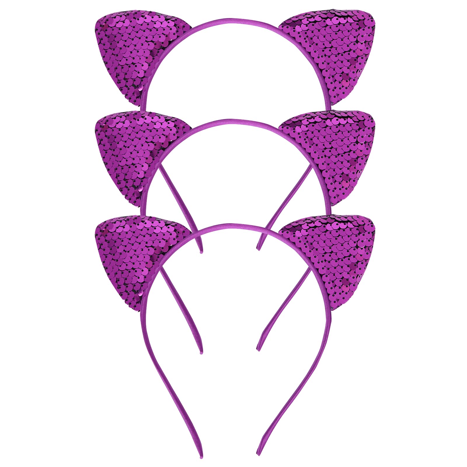UNDEHAAC 3 Pack Purple Cat Ears Headband for Women, Boys & Girls - Holiday Party Cosplay Role Play Costume Accessories, Reversible Sequin Ears