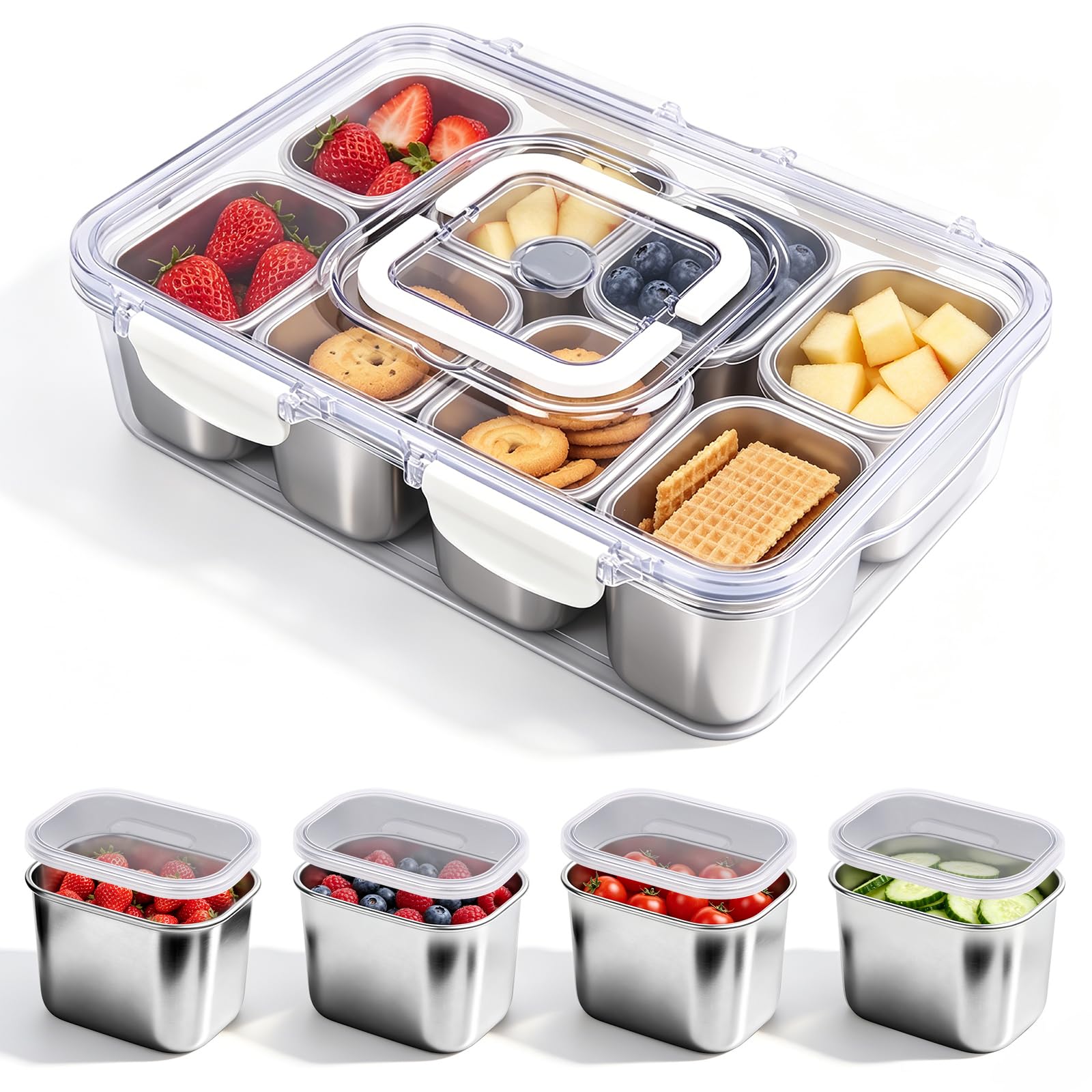 iklestar Snack Box with Compartments, Stainless Steel Snack Containers with Lid and Handle, Reusable Snackle Box for Travel Picnics