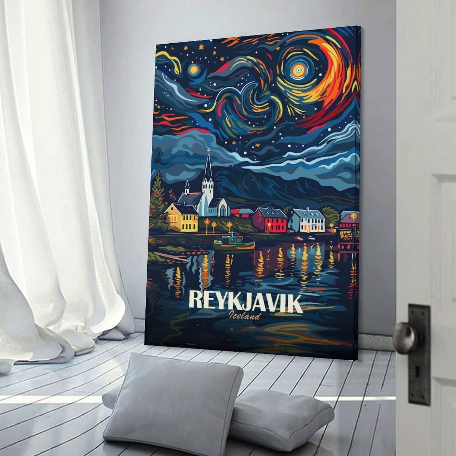 Junmoney Reykjavik Iceland Travel Home Decor Wall Art 16x24inch(40x60cm), for Restful Interiors, Bedrooms Or Small Rooms, Decorative Wall Art for Cosy Rooms