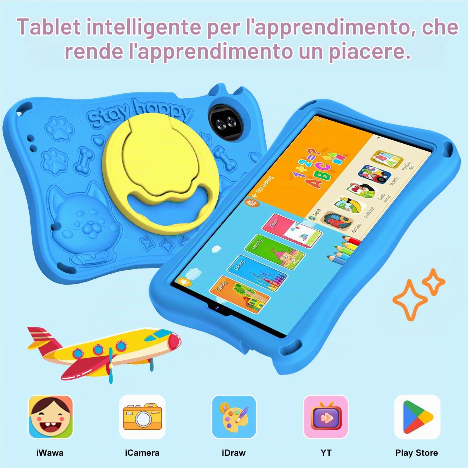 2026 Tablet per bambini 9 pollici Android 15 con 12 GB di RAM + TF 1 TB, 5G WiFi, Octa-Core, Widevine L1, controllo genitoriale, 5000 mAh, 1340 x 800, BT 5.0, per bambini con custodia Eva - Blu