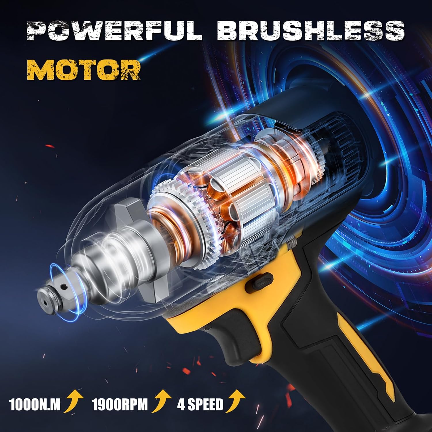 Cordless Impact Wrench, Compatible with 20V Battery, Brushless Electric Power Impact Driver Gun Tool, 1000N.m Torsion 4 Speeds with LED Lighting, Tool Only