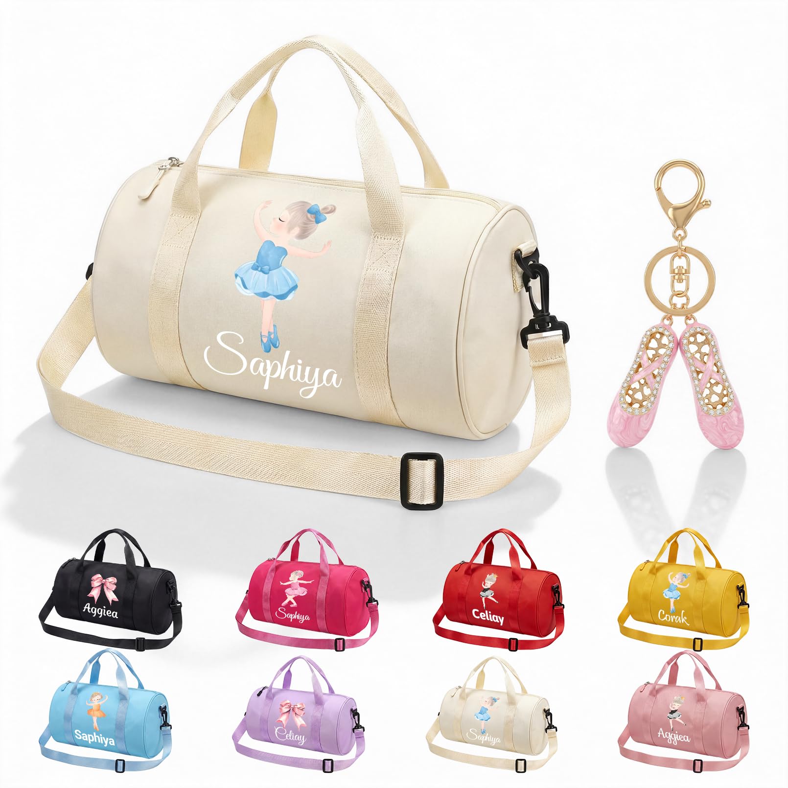 CGFN Personalised Dance Bag for Girls, Kids Ballet & Gymnastics Duffle Bag with Custom Name/Pattern, PE Kit Bag for School & Travel (Cream)