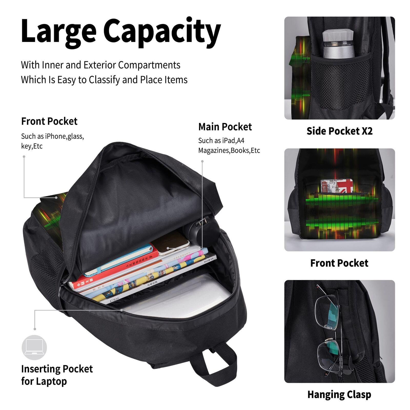 Cooles Musik-Sound, bedrucktes Rucksack-Set, 600D Oxford-Gewebe, Laptop-Rucksack mit isolierter Lunchtasche, Federmäppchen, verstellbare multifunktionale Schul-Reisetasche, 3-teilig