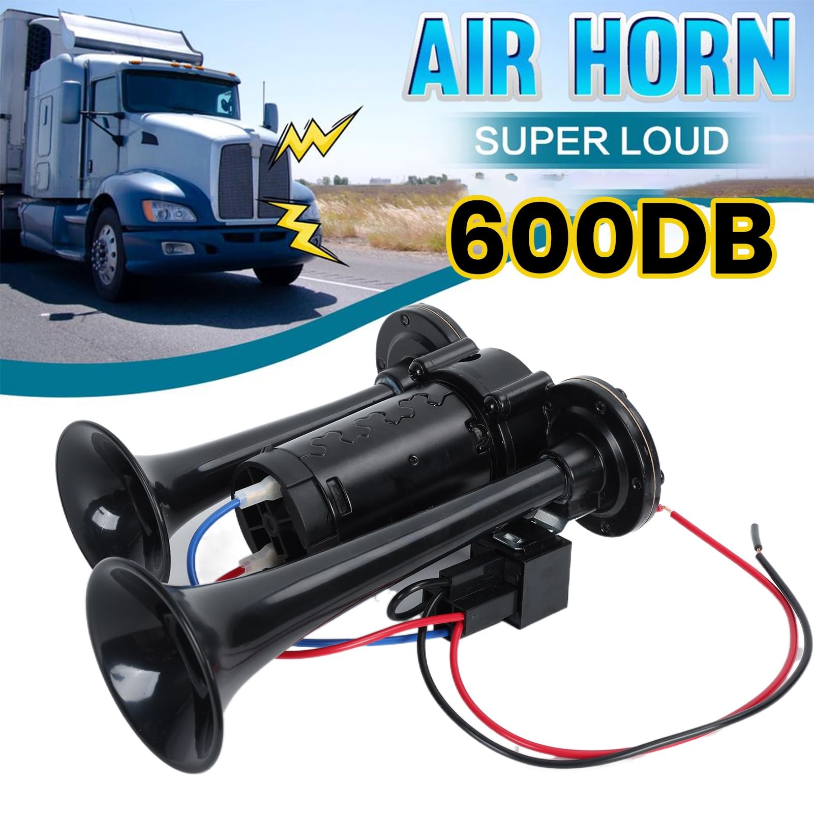 Klaxon à air 12 V 600 dB, super puissant avec compresseur, double trompette pour camion, train, voiture, camionnette, noir (24 V)