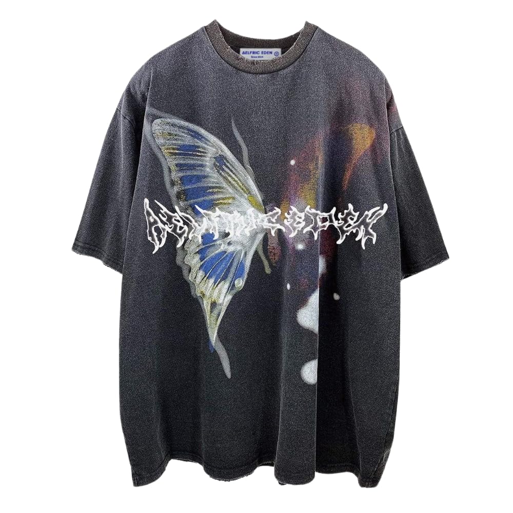 Aelfric EdenMens Vintage Graphic Tees Y2K Irregular Butterfly Printed Tee Oversized Streetwear Casual T-Shirt