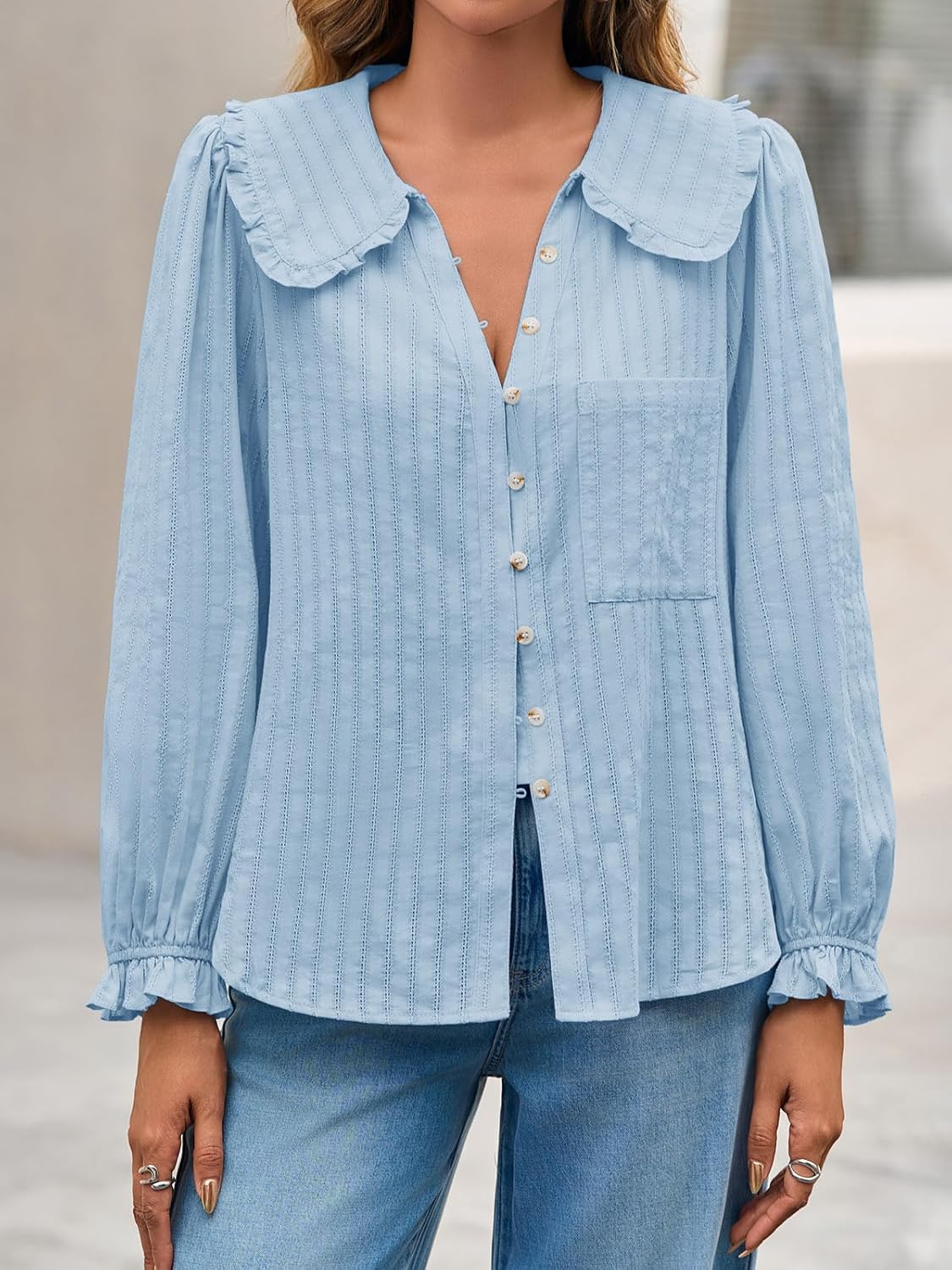 Tankaneo Womens Peter Pan Collar Shirts Puff Long Sleeve Button Down Cotton Blouse Casual Fall Textured Tops - Image 2