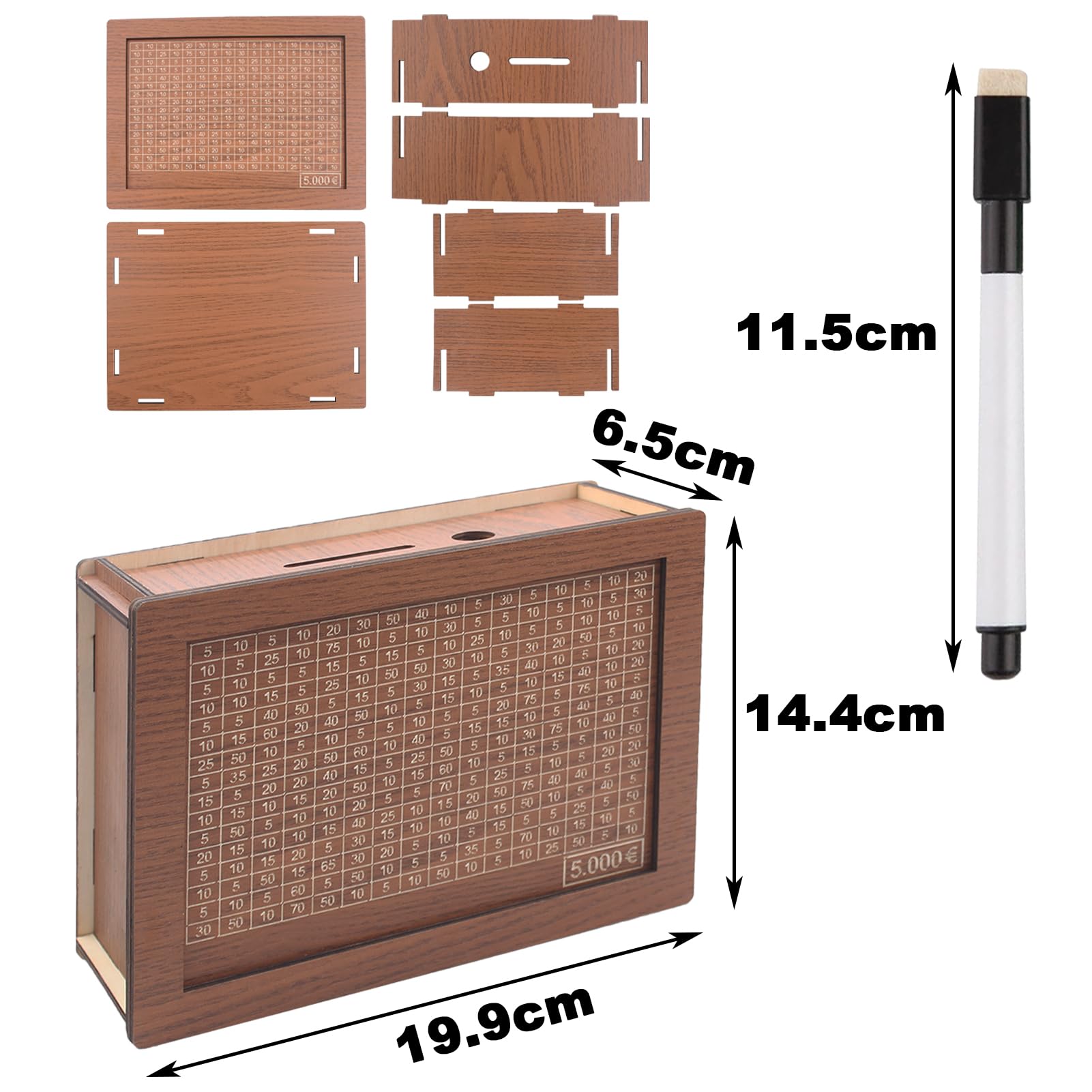 Hucha para Ayudar a Los Niños a Desarrollar el Hábito de Ahorro,Hucha Madera con Objetivos de Ahorro y Cifras para Comprobar,Hucha con Contador para Decorar de Madera -5000 €