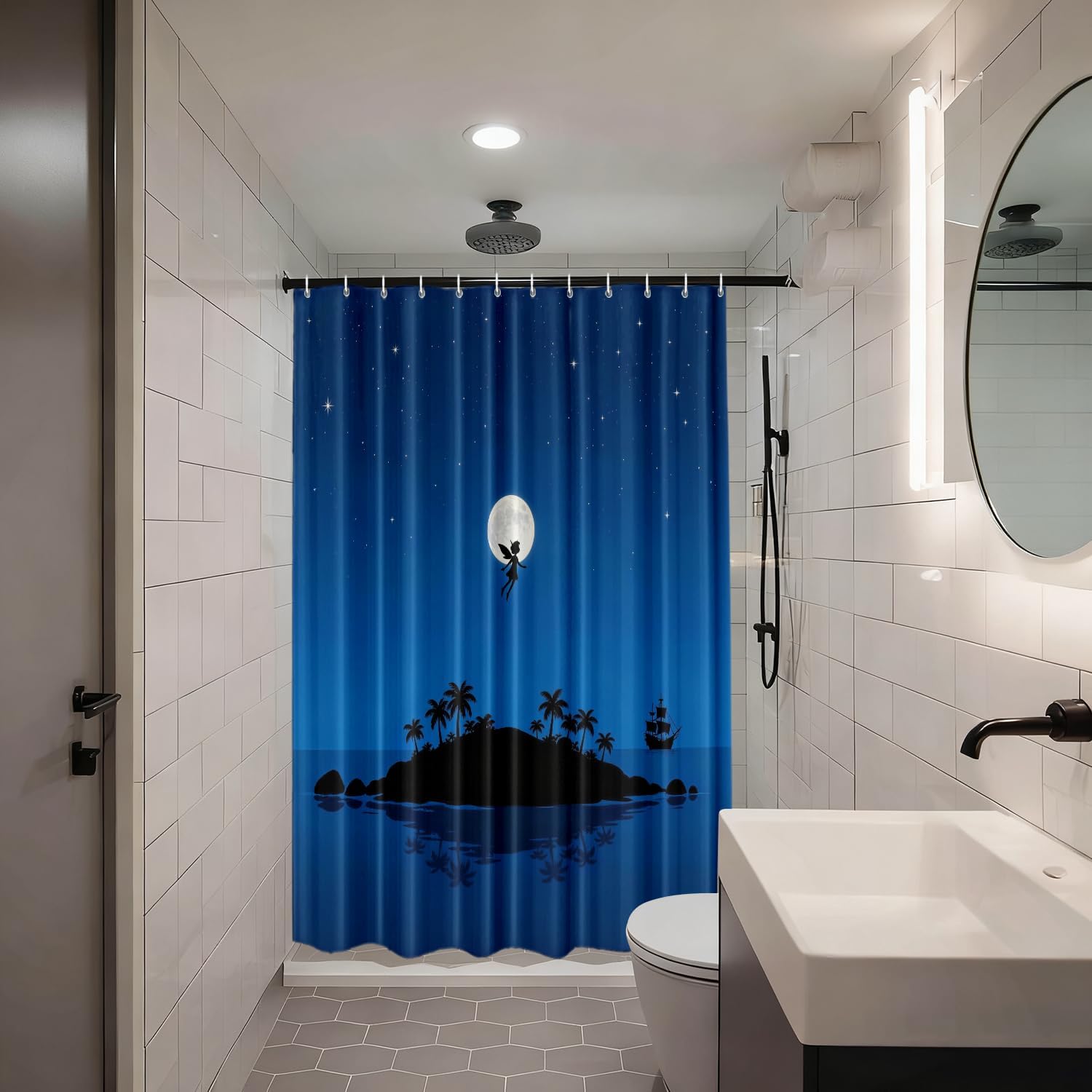 Shrahala Dreamlike Neverland Decorative Shower Curtain, Tinker Bell Pirate Ship Bathroom Décor Polyester Fiber Waterproof with Plastic Rings for Shower Stall Bathtubs 72 x 72 in