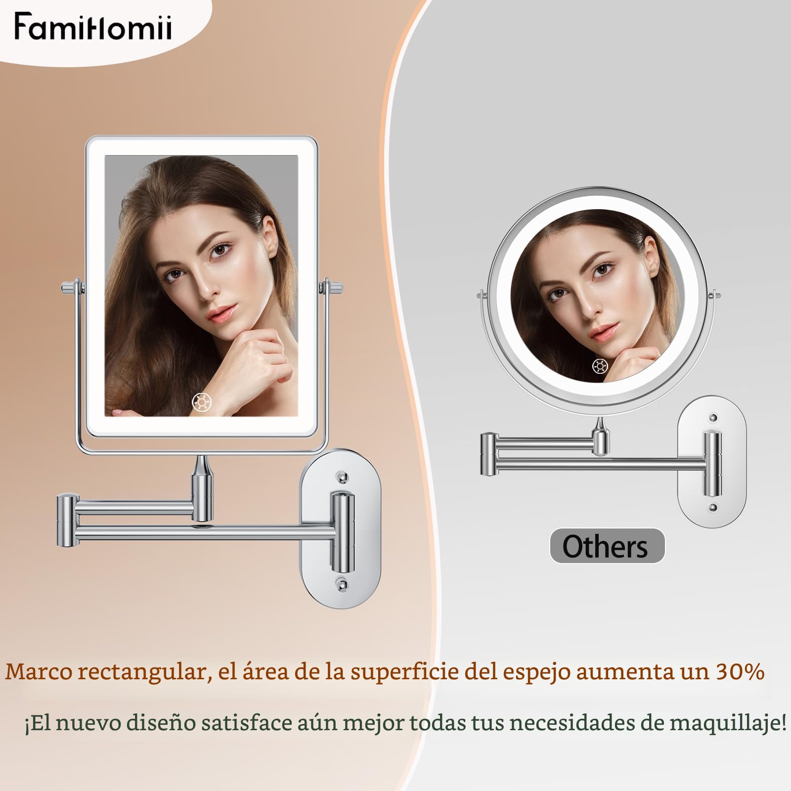 Famihomii 5000mAh Espejo de Maquillaje Recargable con iluminación LED, Espejo de Maquillaje con Aumento de 1/30x e Interruptor táctil, Espejo de Afeitar Regulable, Giratorio 360° (Cromo)