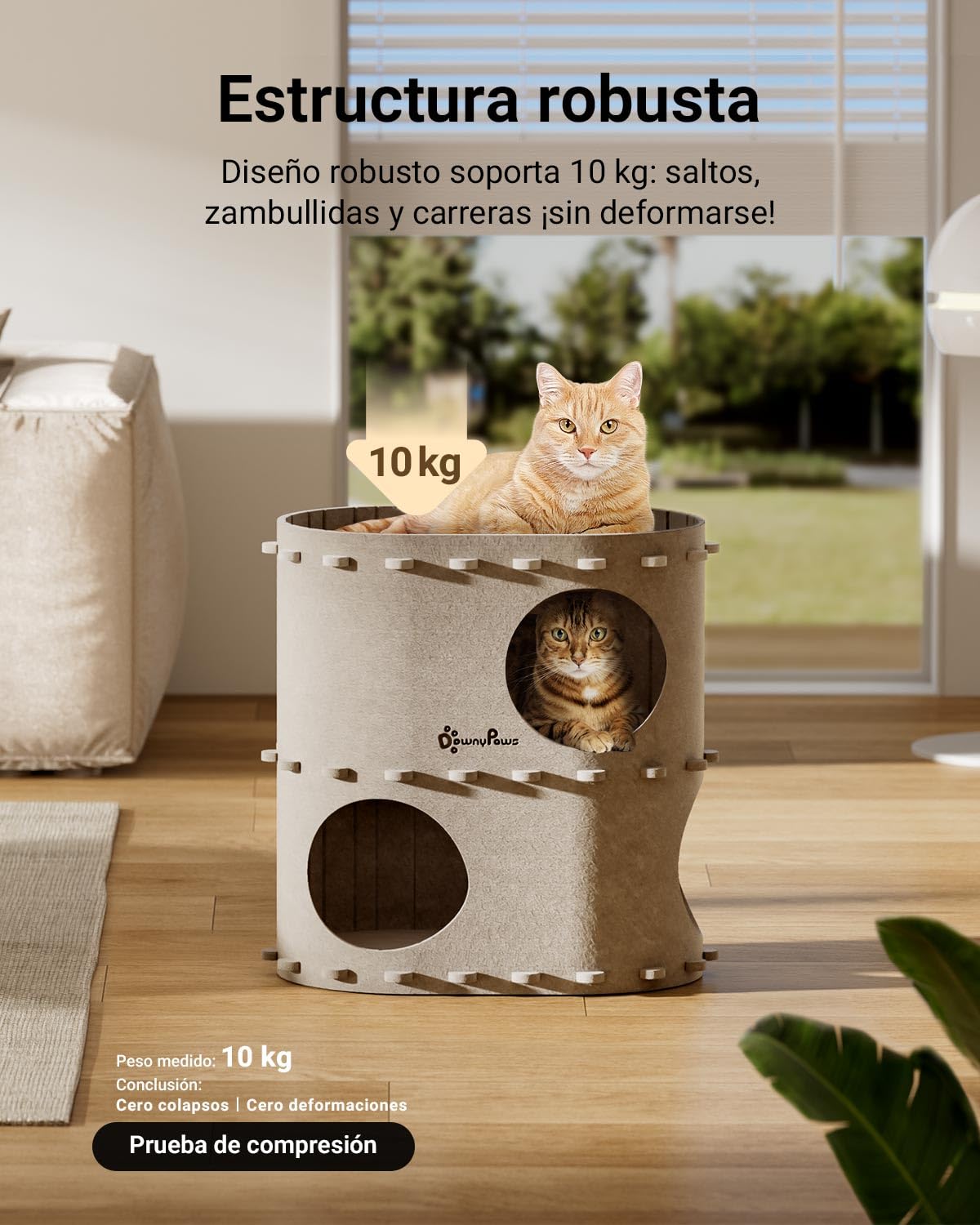 DownyPaws Cama para Gatos de Felpa, 2 Pisos Casa Gato 50x33x50 cm, Castillo de Juego, Diseño Acogedor, Protector de Uñas, Beige