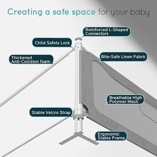 Miniatura 7 de Barandilla de cama de tamaño Queen para niños pequeños barandilla de protección de 3 lados para cama Queen - Protectores laterales de seguridad para