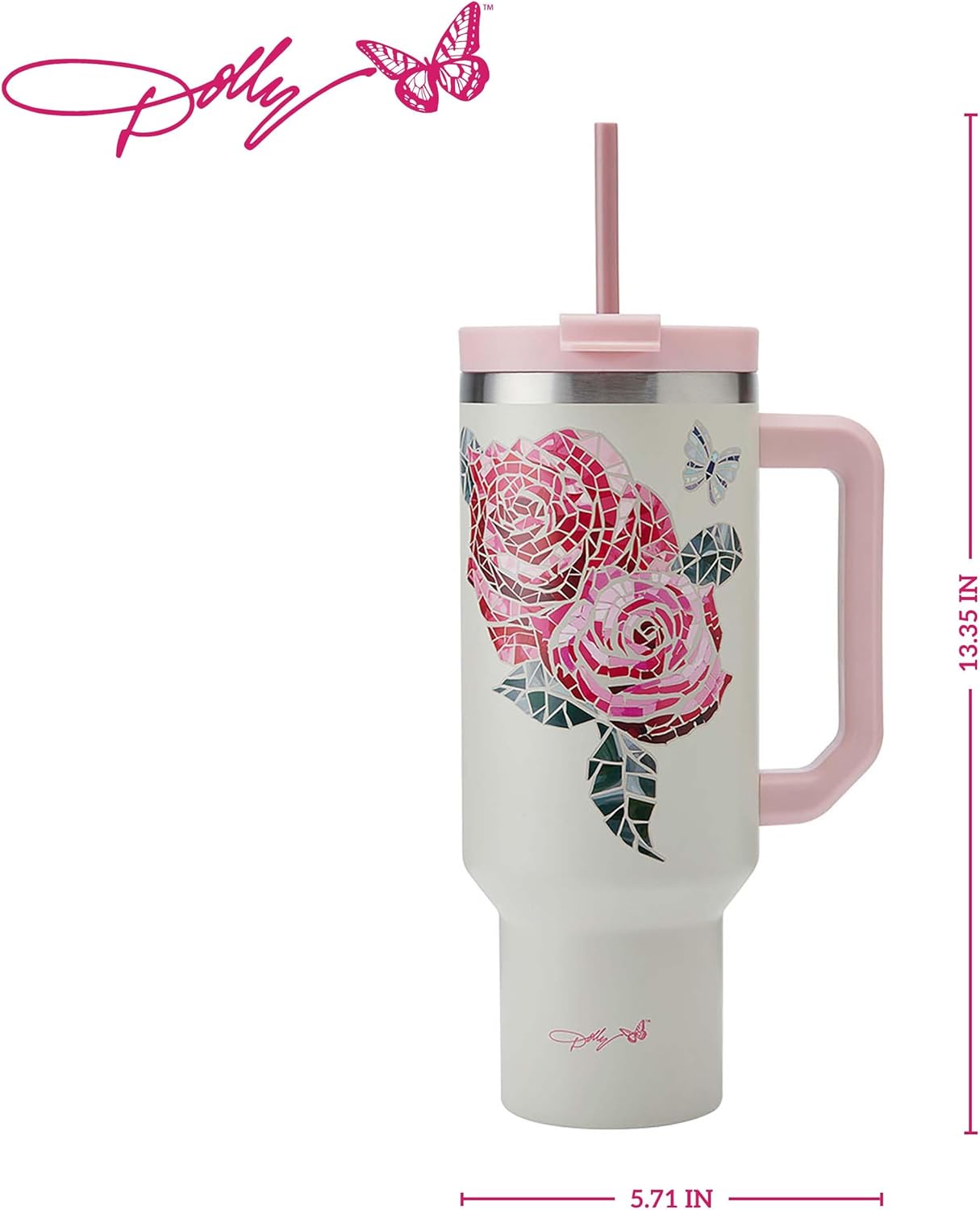 Dolly Parton Tumbler With Handle, Double Wall Vacuum Insulated Stainless Steel With Straw Lid, Cold For Up To 24 Hours Or Hot For Up To 8 Hours, 40 Ounce, Pink Jewel - Image 2