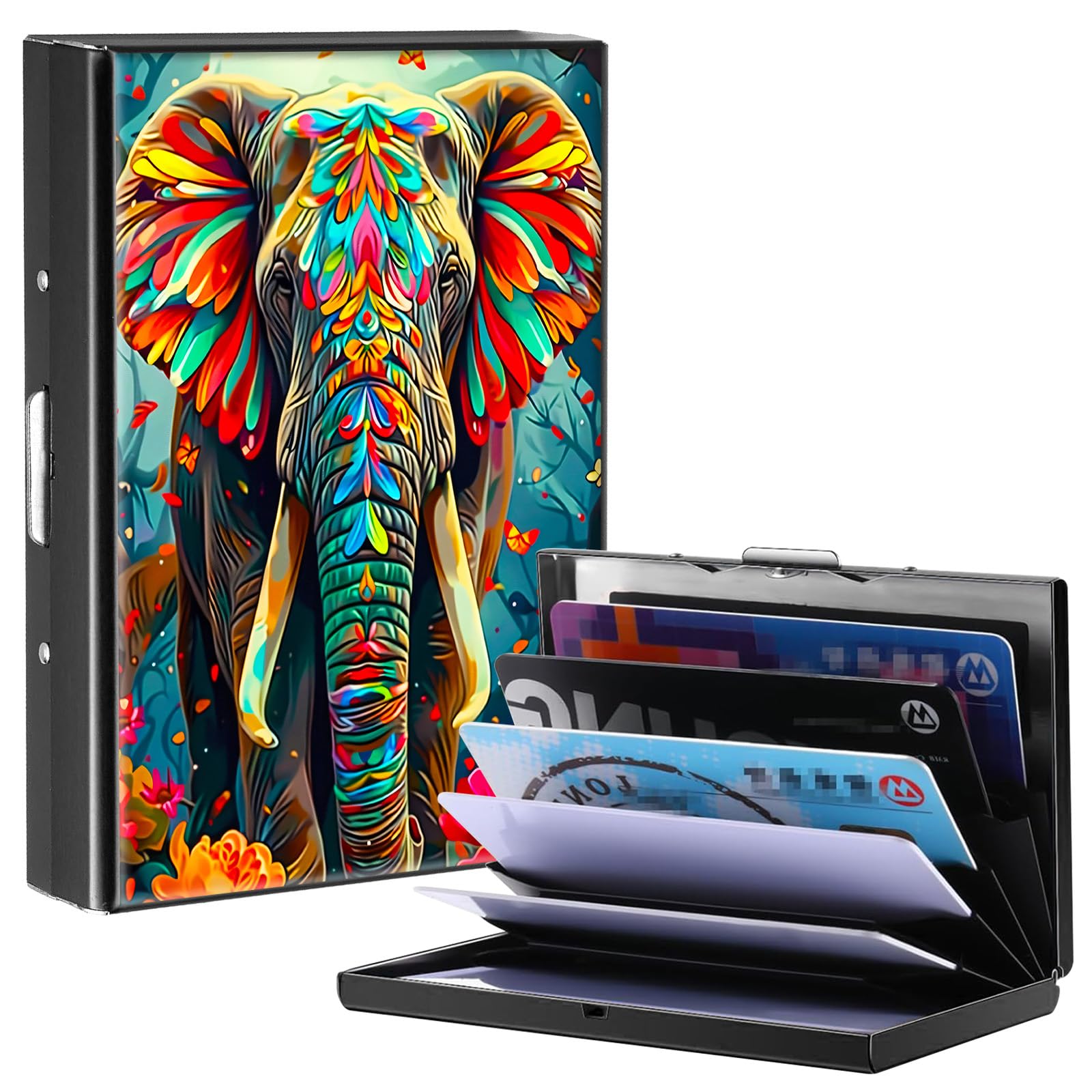 BPQOJB Business Card Holder Metal Rfid Card Holder Unique Cute Elephant Flower Pattern Style Design Credit Card Wallet With 6 Card Slots Black Credit