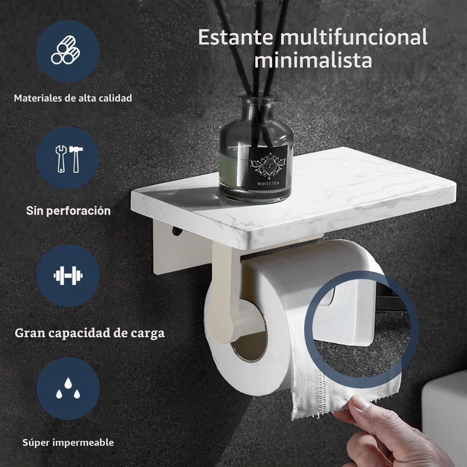 Portarrollos Papel Higiénico Sin Taladrar de Aceros Inoxidables，Soporte de Papel con Estante de Mármol Autoadhesivo Portarrollos de Pared，Modernidad Portarrollos para Baño Cocina(Blanco)
