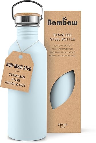 Miniatura 15 de Botella de agua de acero inoxidable Bambaw, botella deportiva negra, botella de agua no aislada, 1L de acero inoxidable, botella reutilizable, Negro