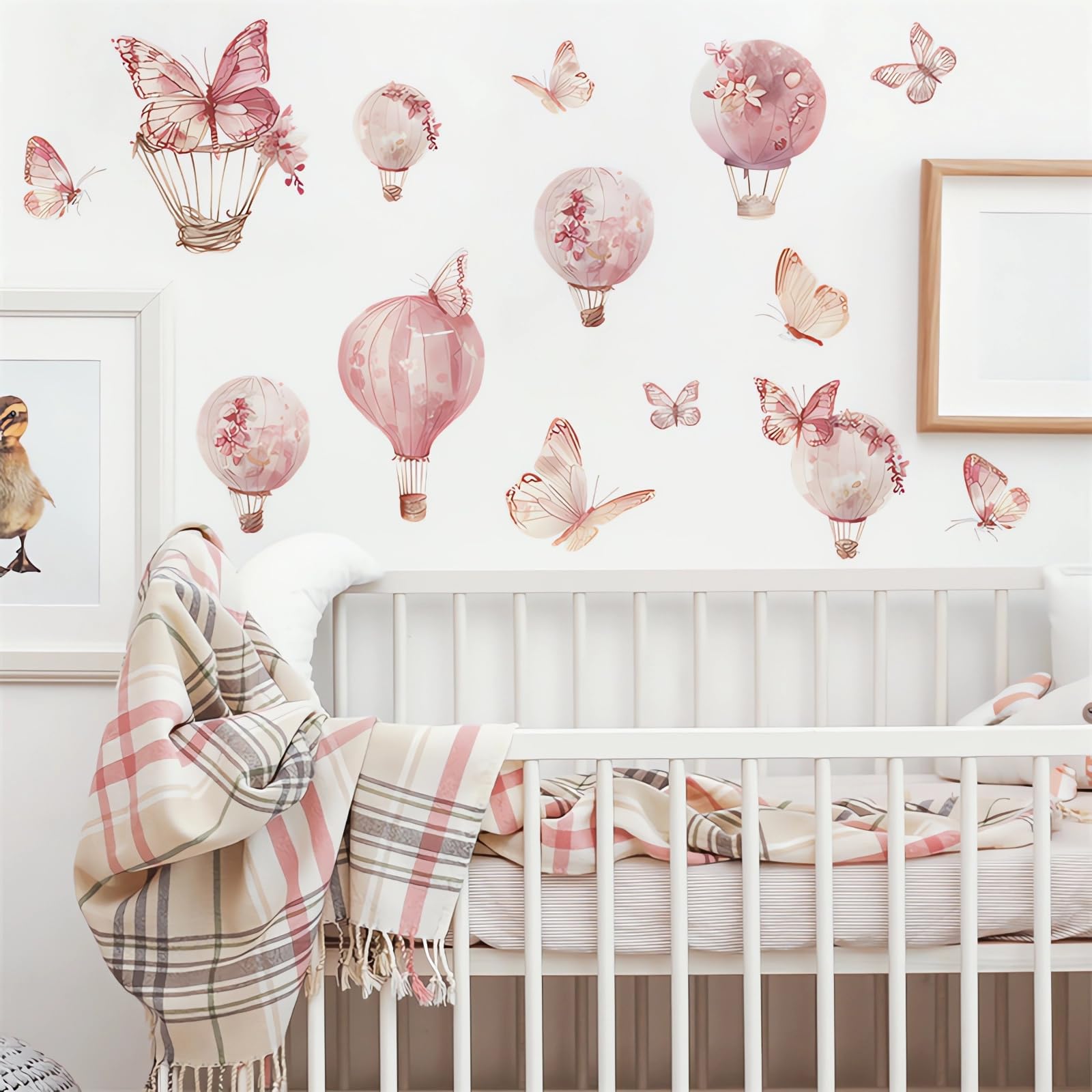 Calcomanías de pared grandes con diseño de mariposa rosa, globos de aire caliente, calcomanías de pared de vinilo extraíbles para niños, bebés, niñas, guardería, dormitorio, habitación de