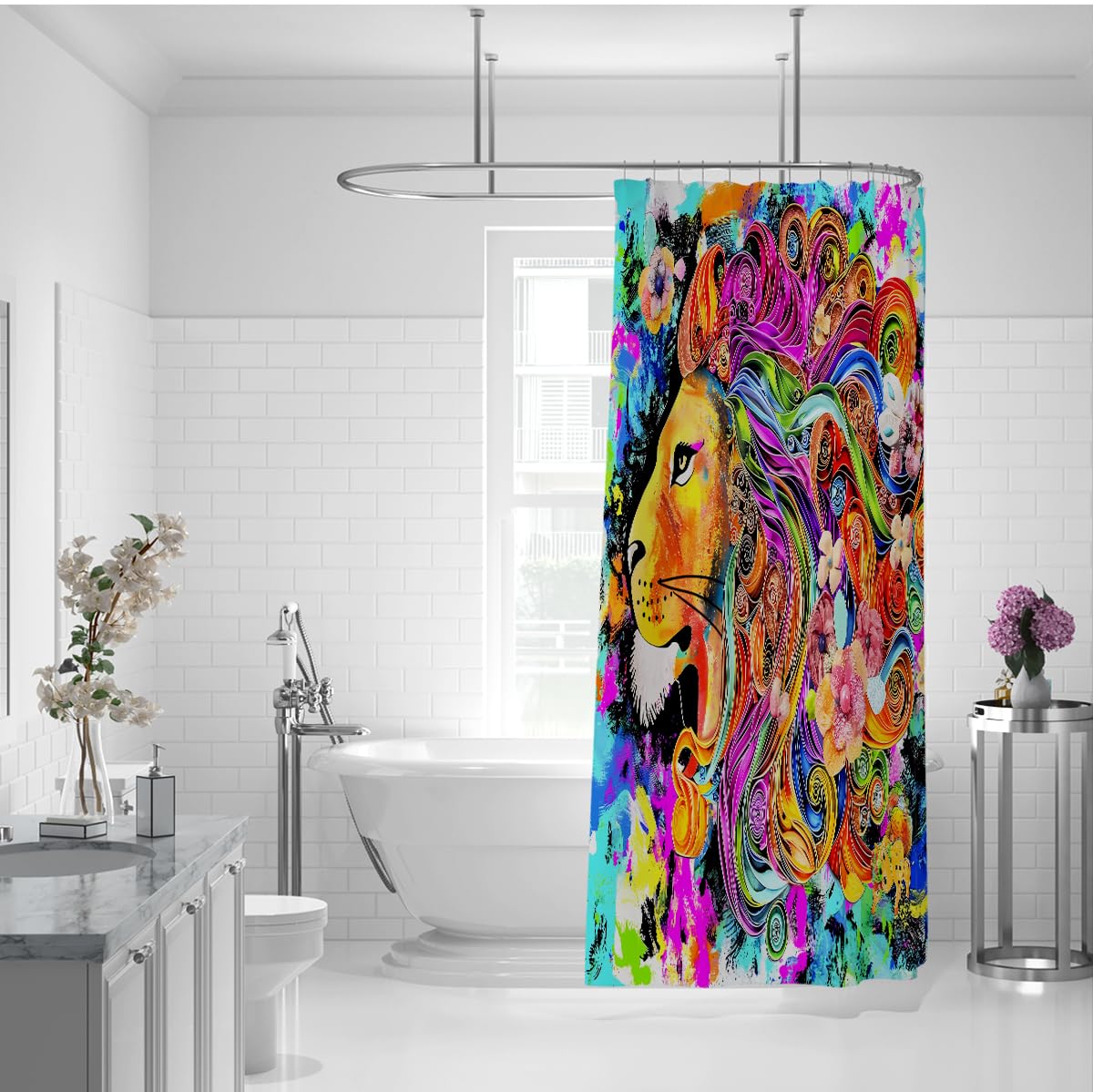 Farbenfroher Abstrakter Löwen-Duschvorhang Künstlerischer Tierölmalerei-Stil Duschvorhang Wasserdichter Polyesterstoff Schnelltrocknen mit Haken 200 x 220 cm