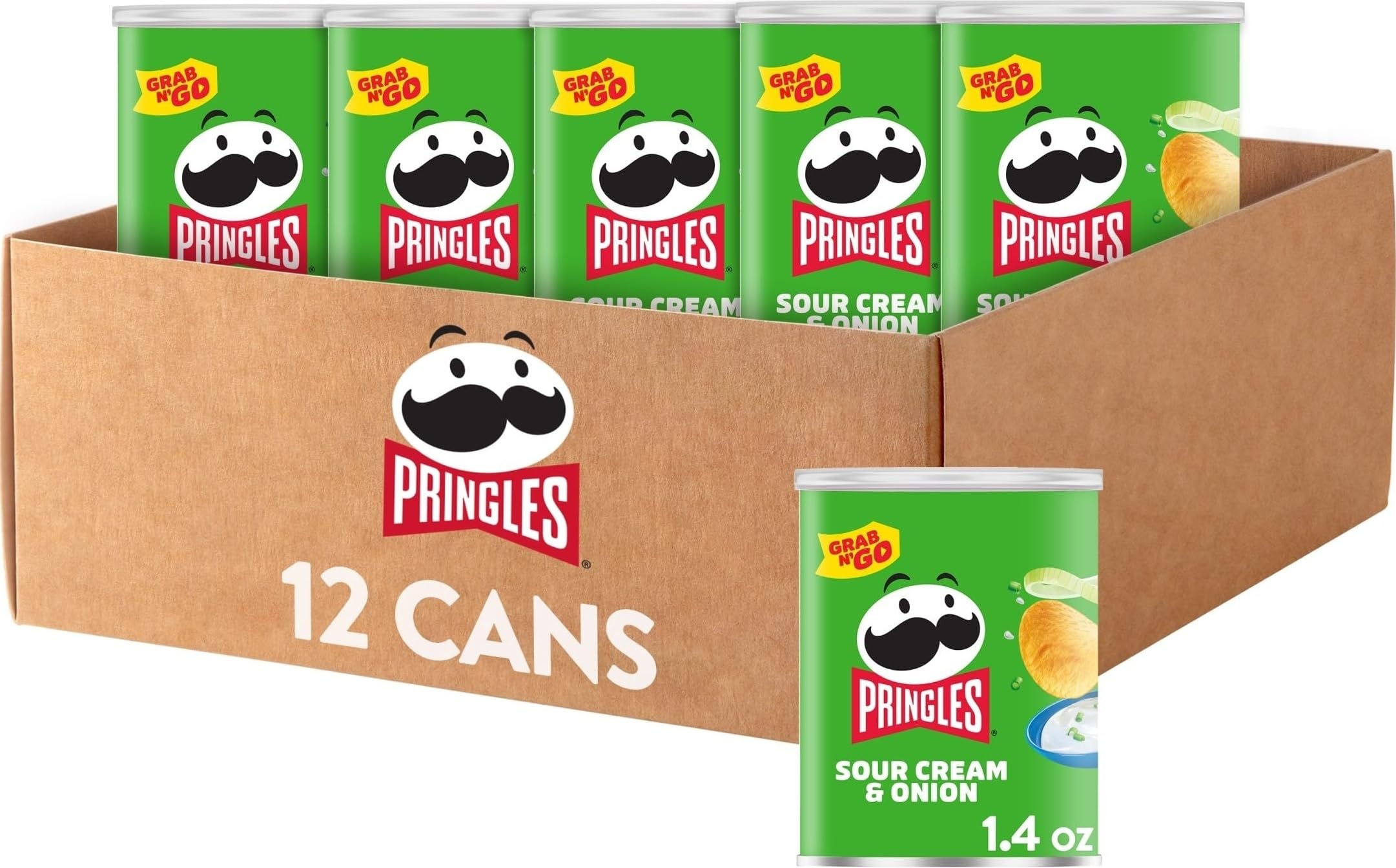 Pringles Potato Crisps Chips, Lunch Snacks, Office and Kids Snacks, Grab N' Go, Sour Cream and Onion (12 Cans)