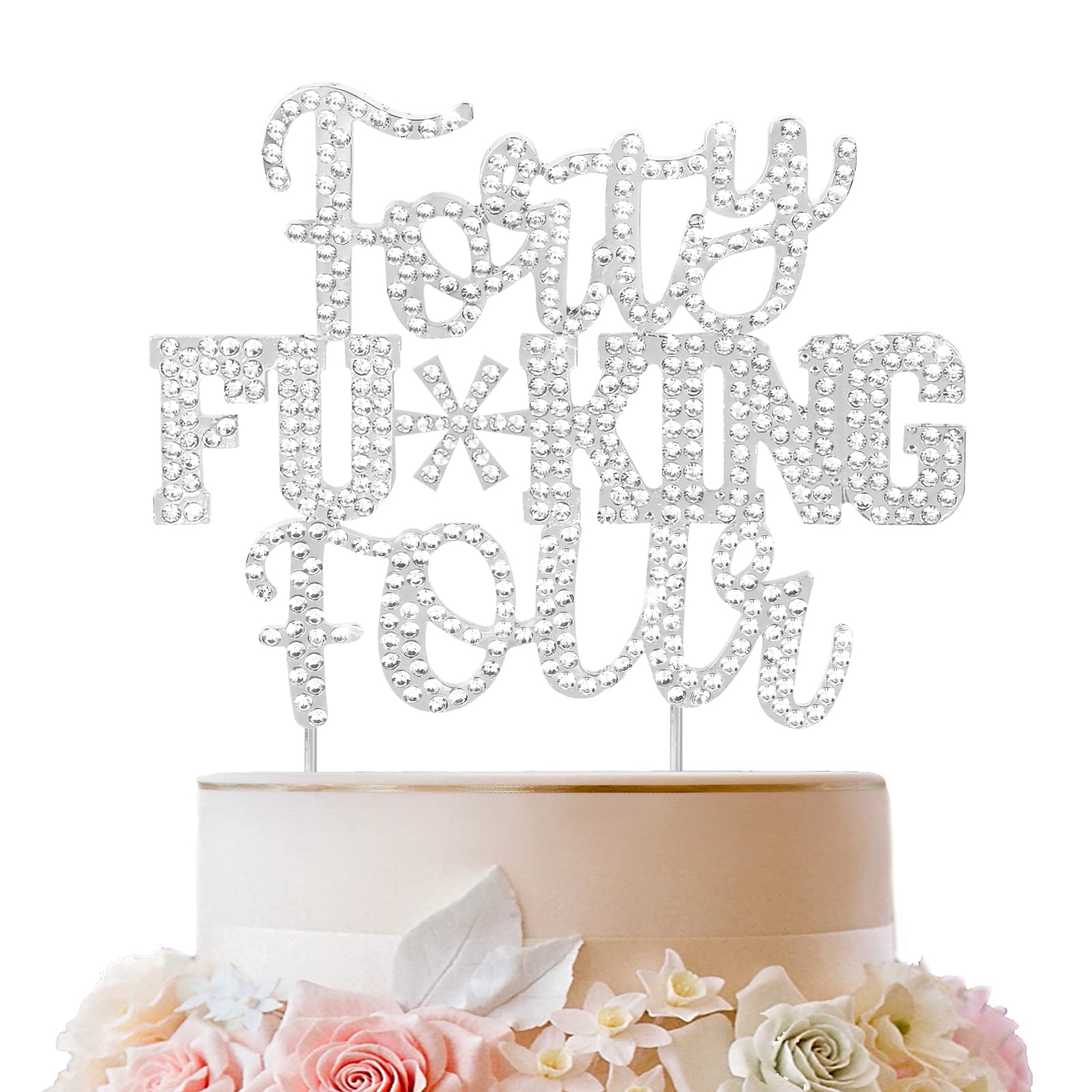 LINGTEER Decorazione per torta con scritta in lingua inglese Quarantaquattro in argento con strass, decorazione per torta con scritta  Cheers to 44th Birthday 44 Years Old Anniversary (lingua