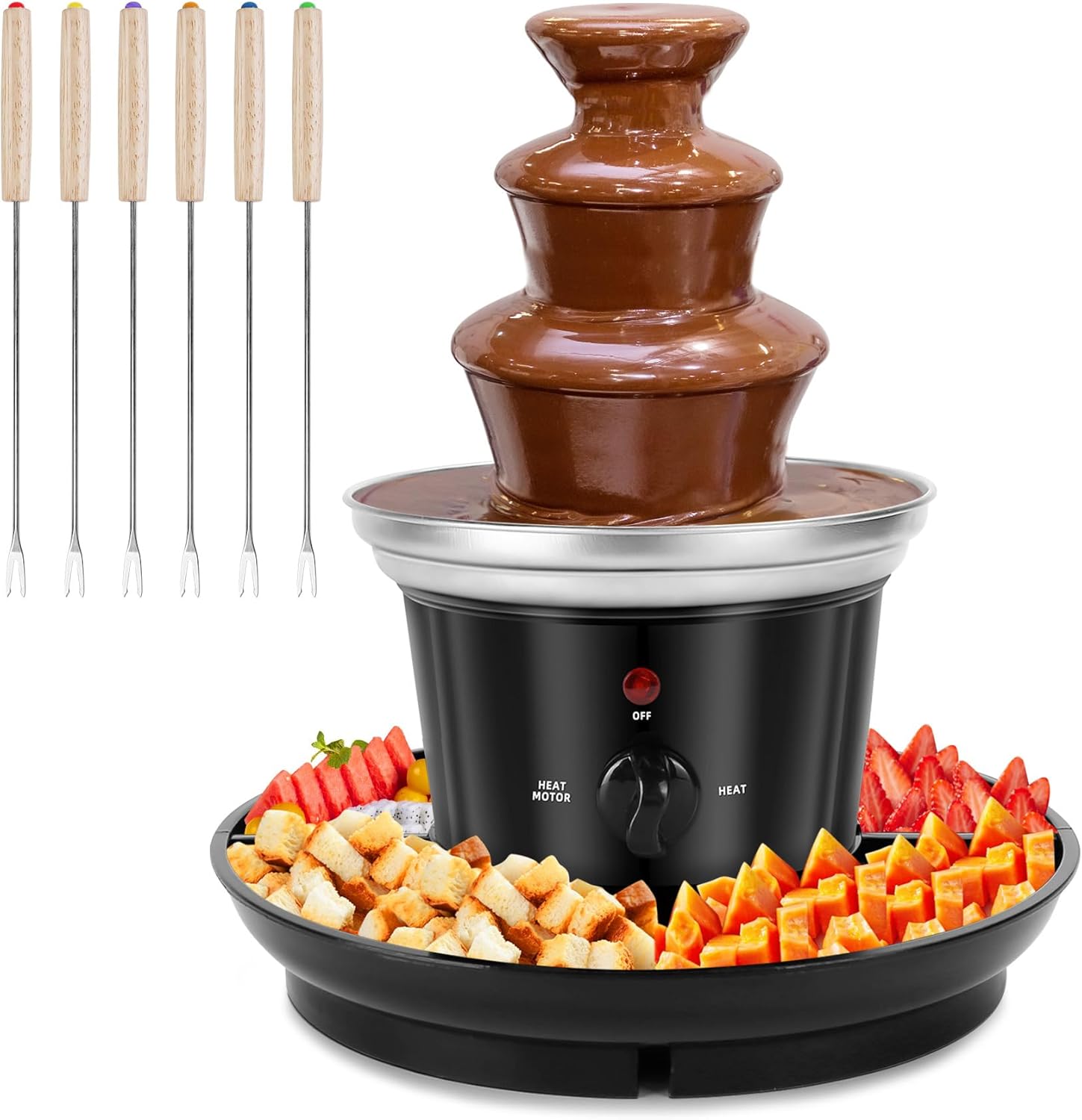 16-Oz Chocolate Fondue Fountain, 3-Tier MINI Chocolate Fountain, Electric Melting Machine with 6PCS Fondue Fork and Removal Fruits/Nuts/Treats Serving Tray for BBQ Sauce,Ranch,Nacho Cheese,Liqueurs