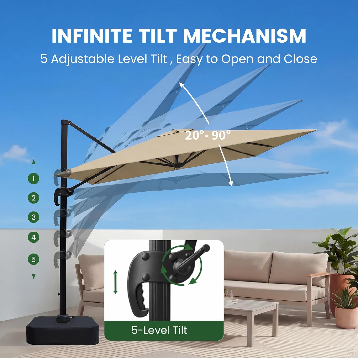 Olilawn 9' X 11.5' Patio Umbrella with Base Included, Large Outdoor Cantilever Offset Patio Umbrellas Rectangular Aluminum Umbrella with 360-degree Rotation & Infinite Tilt Adjustment for Garden Deck Pool Patio, Beige