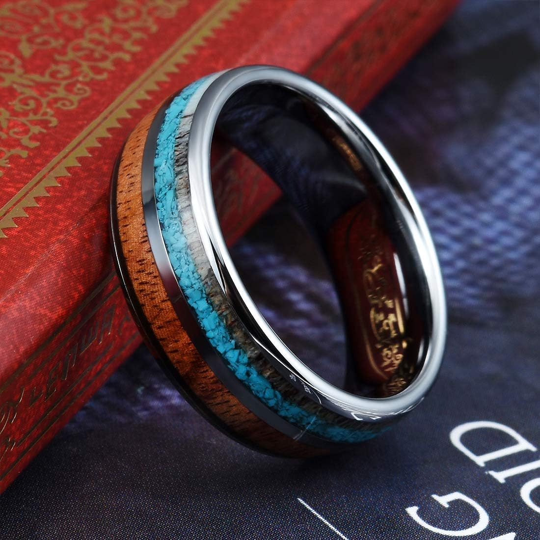 THREE KEYS JEWELRY 6mm 8mm Tungsten Wedding Ring Koa Wood Antler Calaite Inlay Vikings Hunting Band/Customized Ring