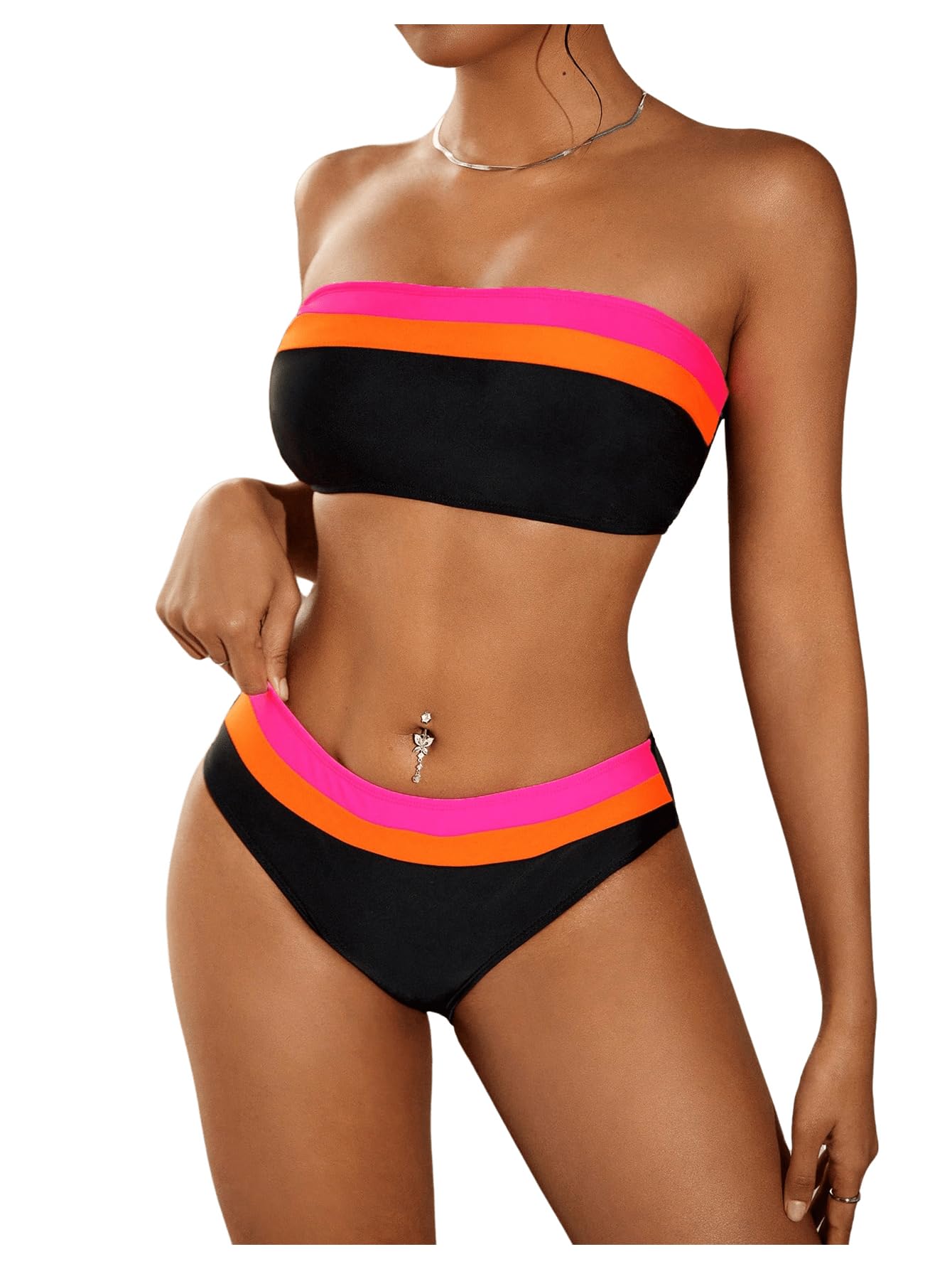sweatyrocks Women's Bandeau Bikini Sets Strapless Tube Top Color Block Mid Waist Bathing Suits Swimwear-picture-2