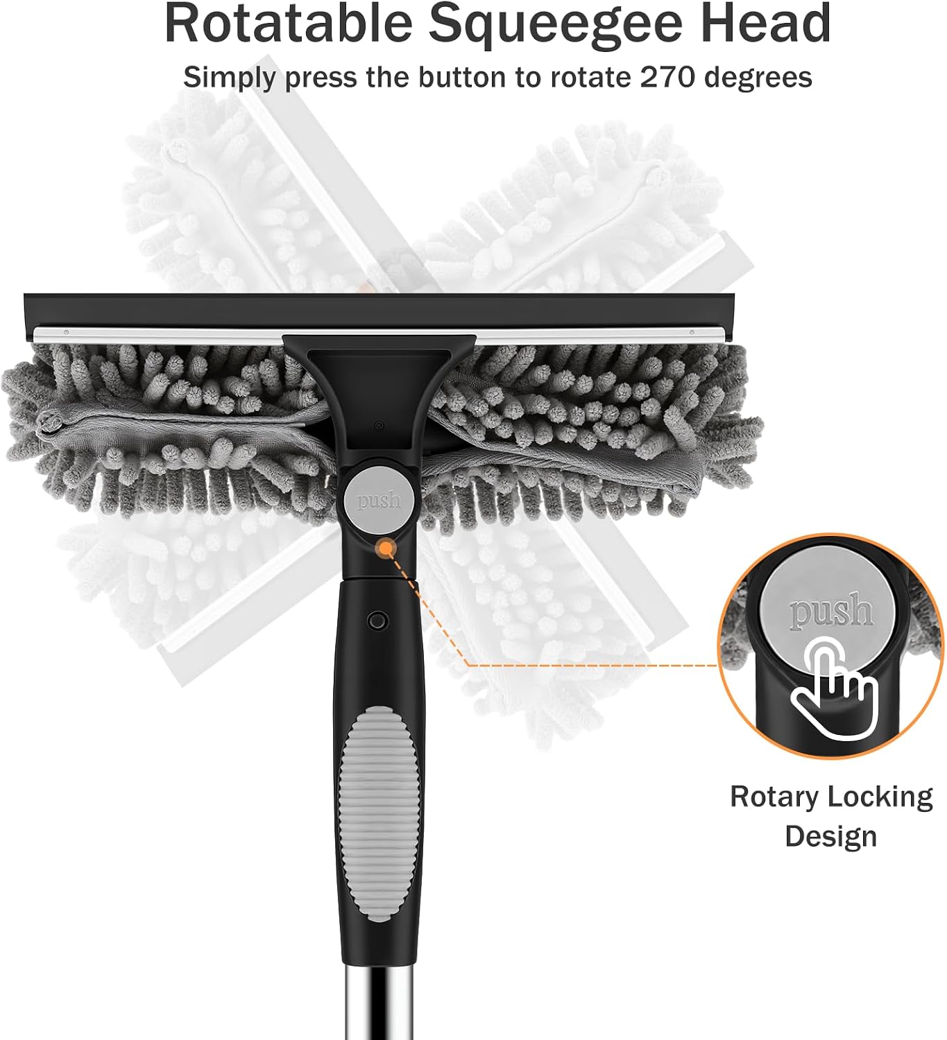 SetSail Window Squeegee with 66in Extension Pole 2-in-1 Window Cleaning Kit | Professional Window Cleaner Tool for Outdoor Indoor Car Windows Glass, Rotatable Head and 2 Scrubbers, Black Grey