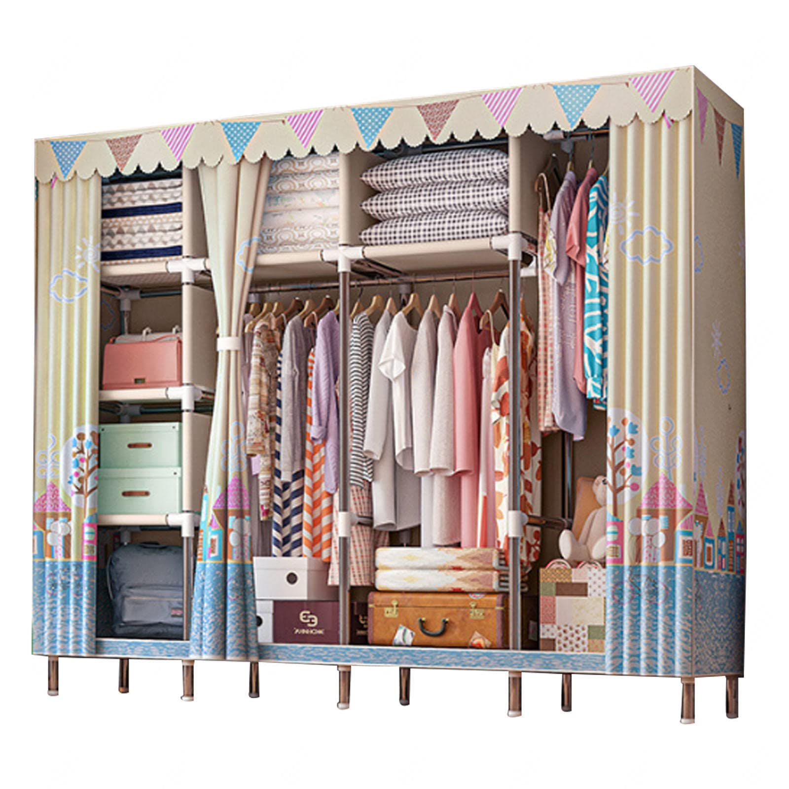 Armoire à vêtements portable grande capacité 3 penderies et étagères
