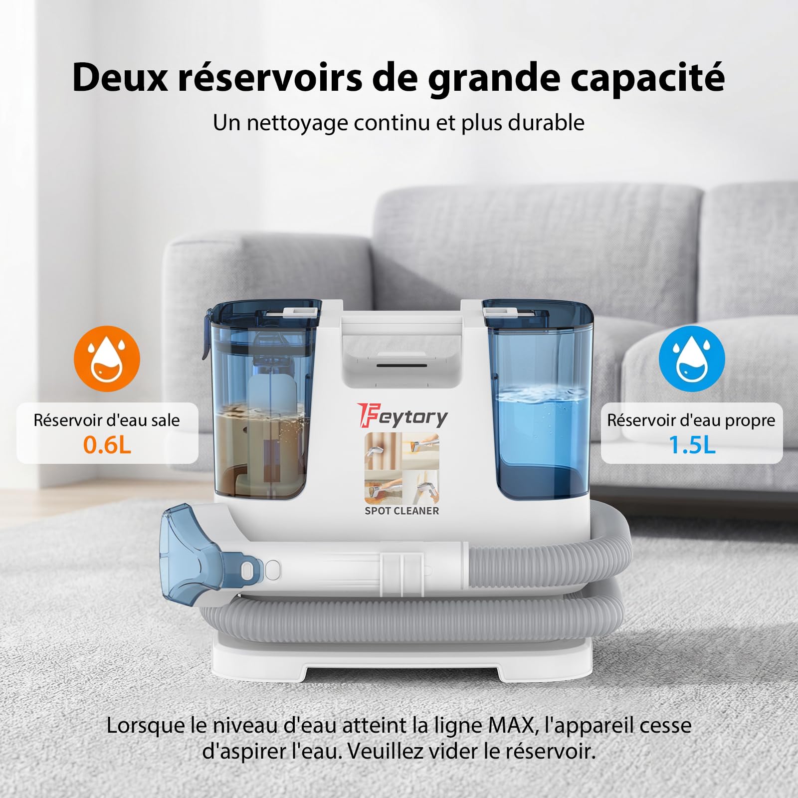 Aspirateur Nettoyeur Portable 430W 15KPa, Shampouineuse Canapé avec Double Réservoir 0,6L, Fonction Autonettoyante, Brosse Large & Petite, pour Tissus, Cuir, Moquette, Coussins, Intérieur Voiture