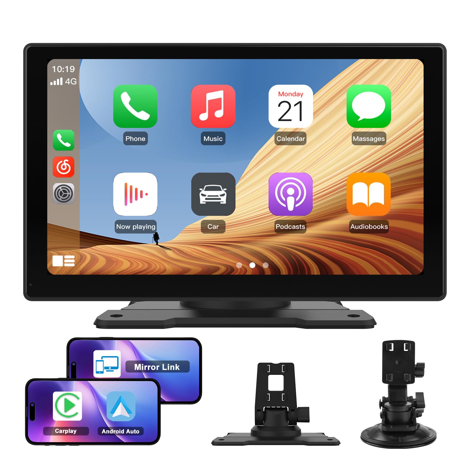 Pantalla Carplay para Coche con CarPlay/Android Auto Inalámbrico, Pantalla Táctil de 9 Pulgadas Portátil, Admite Bluetooth/Mirror Link/Control por Voz/USB/TF/AUX, Negra
