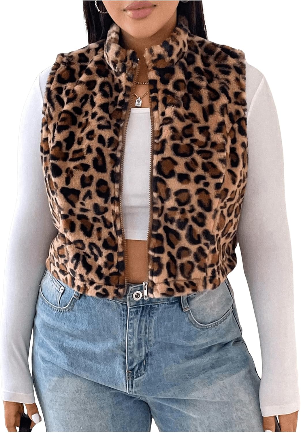 SHENHE Women's Plus Size Fuzzy Vest Y2K Leopard Print Zip Up Fleece Cropped Sherpa Vest Jacket