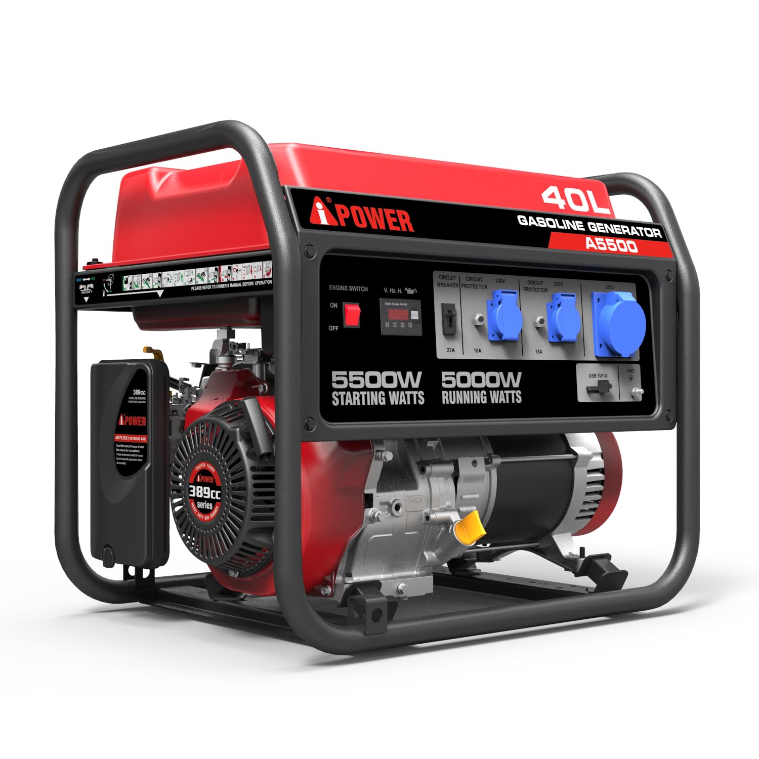 Generatore di Corrente a Benzina, 5000W Potenza Continua, 5500W Potenza di Picco, Serbatoio 40L-AIPOWER