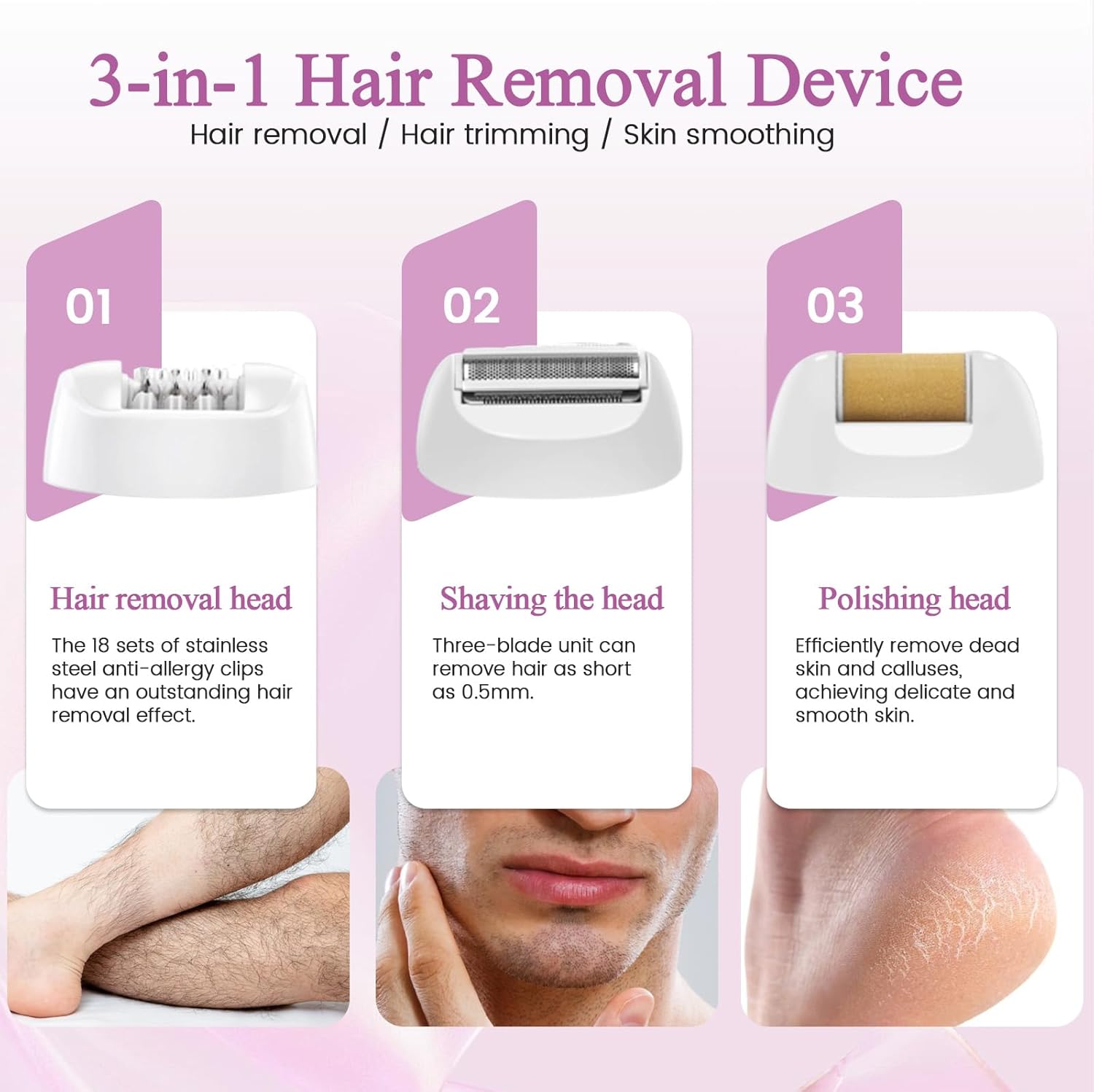 Epilator for Women, Cordless Hair Removal Device Hair Removal for Women , 3 in 1 Rechargeable 2 Speed Womens Electric Shaver for Face Legs Arms Armpit Bikini - Image 3