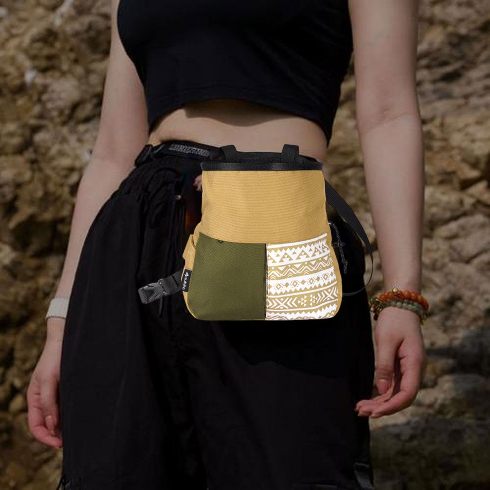 Borsa Porta Magnesite da Arrampicata con Ampia Apertura, Chiusura Sicura, Materiale Oxford, Adatta per Arrampicata in Palestra E All'aperto, Cachi Grande