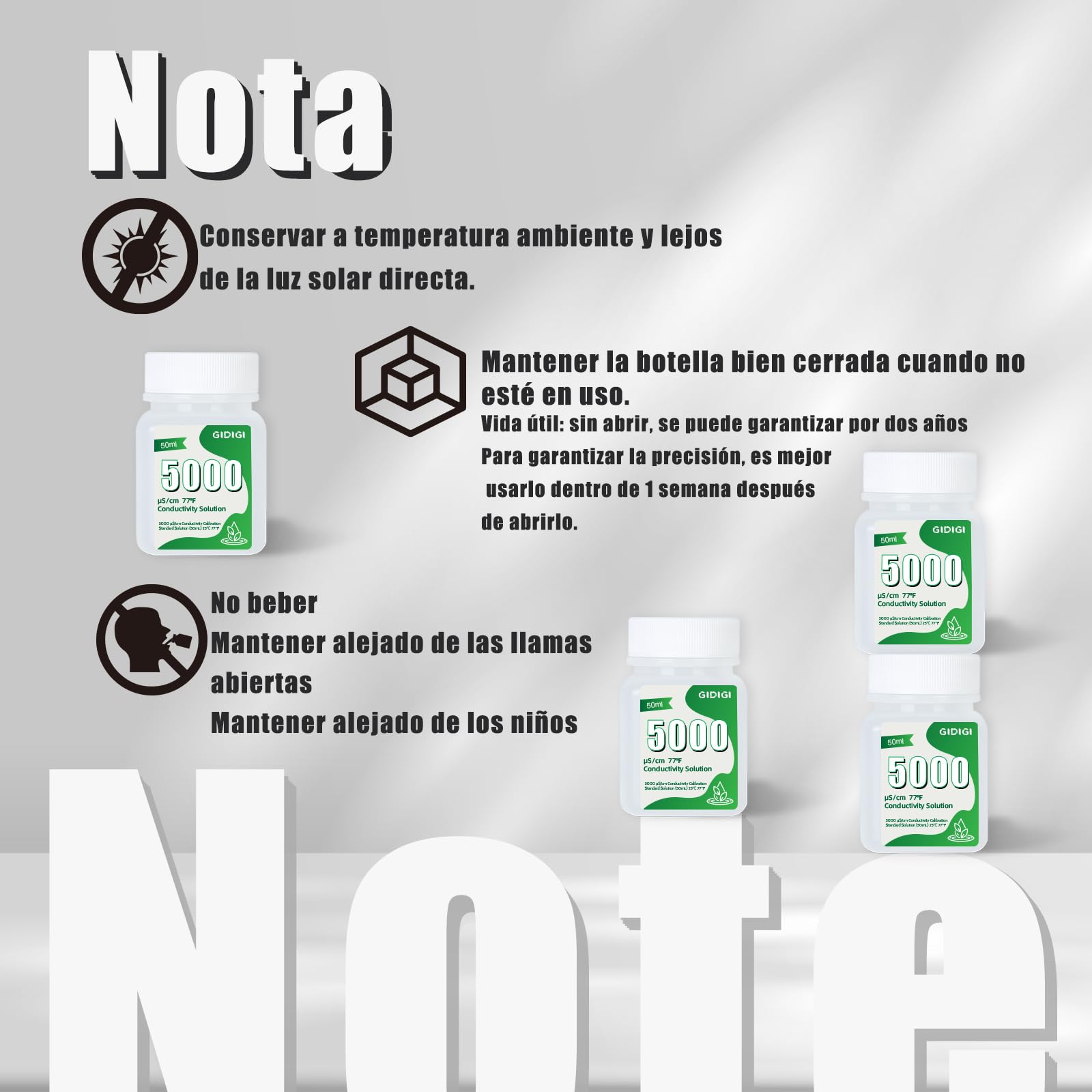 Solución de calibración EC TDS 5000μS/cm, 4 botellas de 50 ml para medidores EC TDS