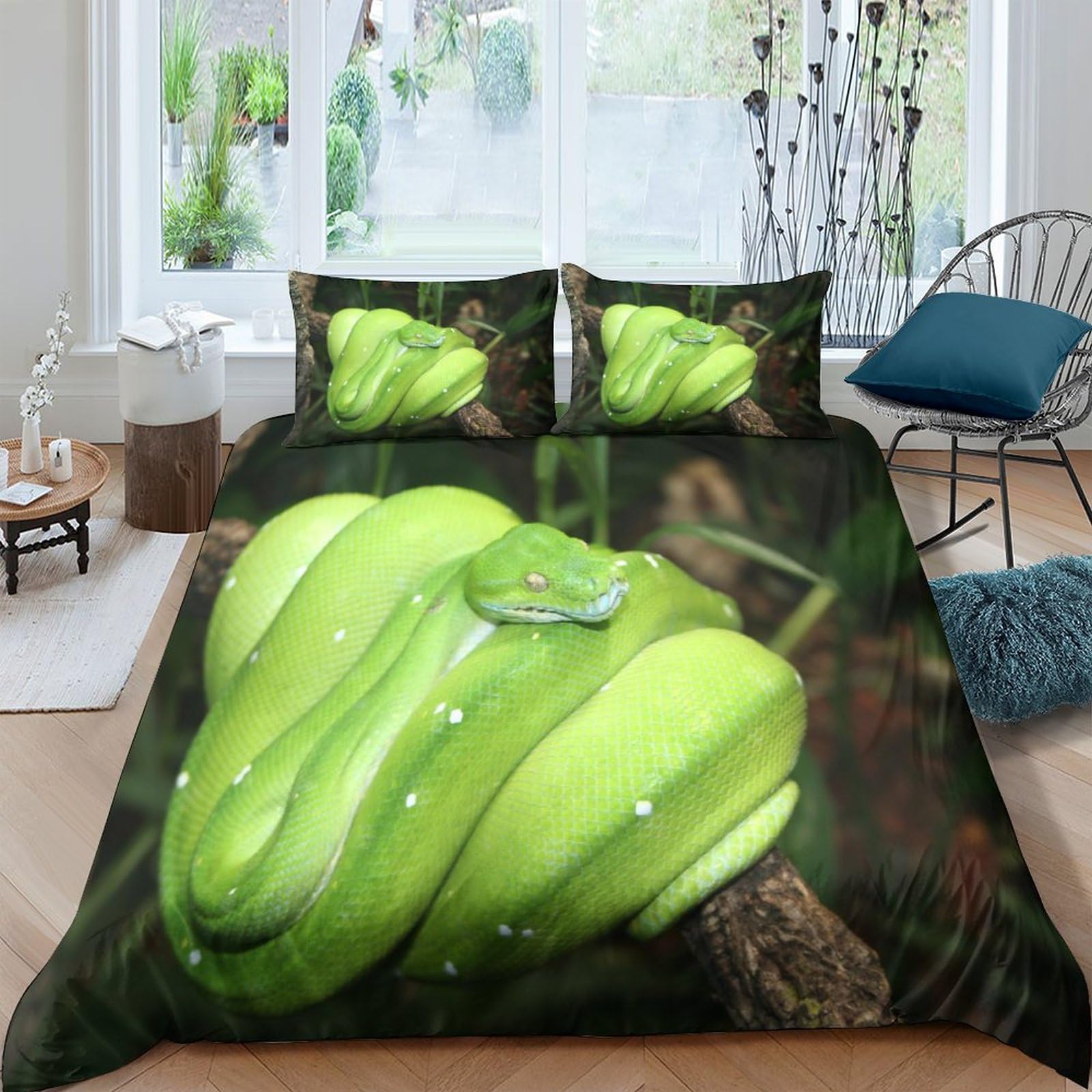 Serpent housse de couette 3D parure de lit animal 3 pièces microfibre zippée King 220x240