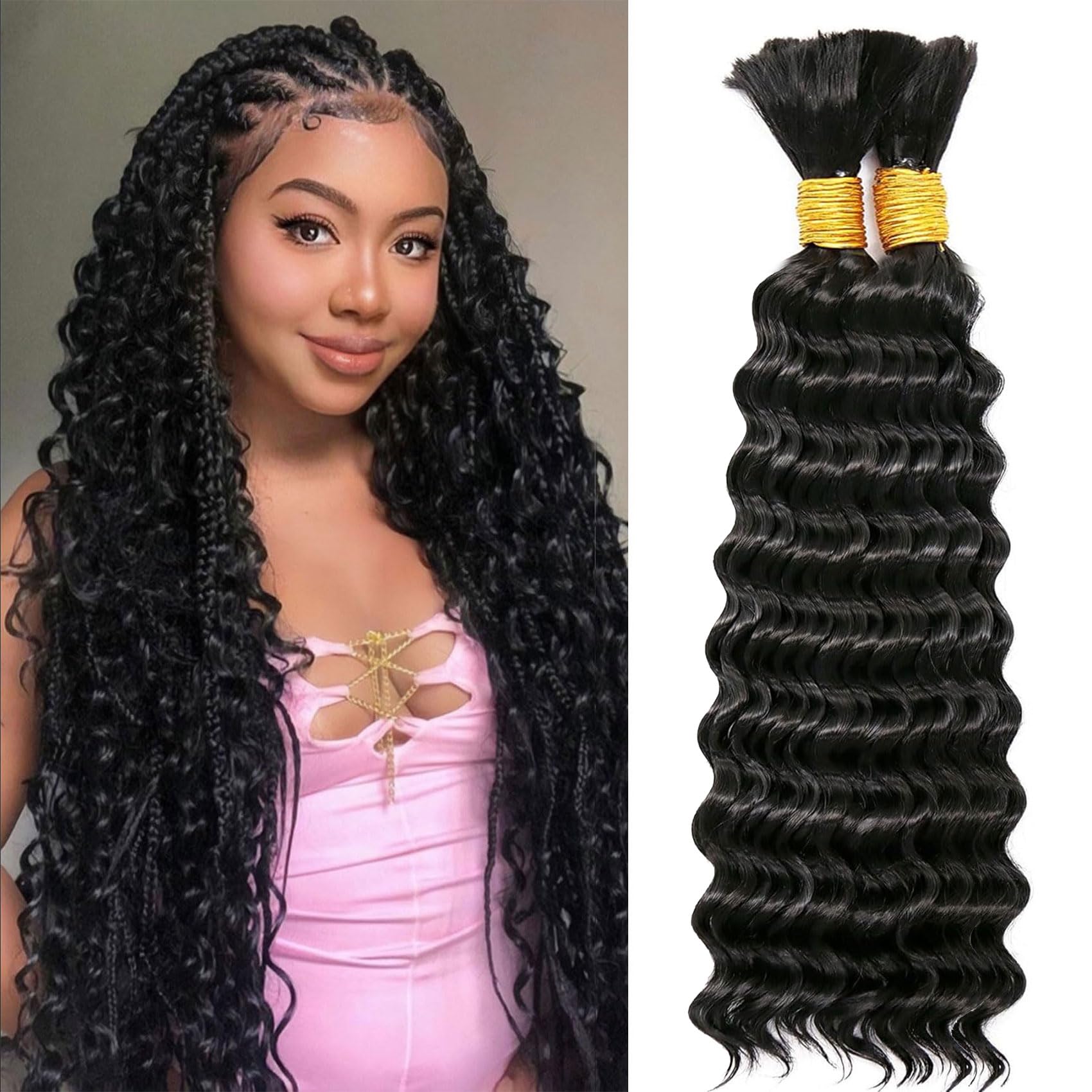 Wassai 26 Inch Bohemian Curly Bundles Hair for Braiding Long Deep Wave Bulk Hair Wavy Curls for Boho Braids Synthetic Curly Crochet Hair for Micro