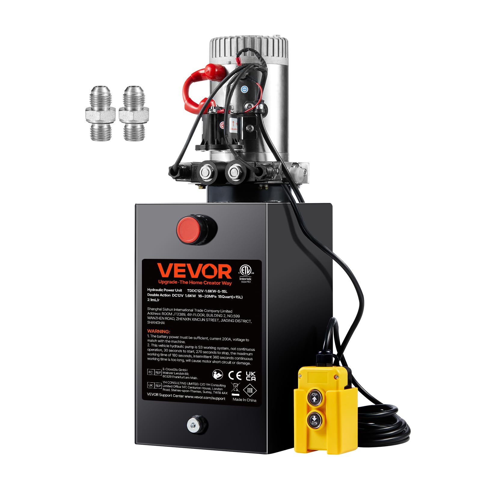 VEVOR Pompa Idraulica CC 12V Capienza ca. 14 L Centralina Idraulica ad Azione Doppia Flusso d'Olio ca. 3,44 L/min Pressione Massima di 22 MPa, Pompa per Montacarichi Auto Camion Rimorchio da Garage