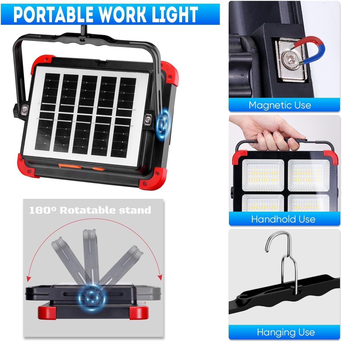 100W LED Solar Work Light, 288 LED 10000LM Portable Flood Light with Stand - 5 Modes Waterproof Rechargeable Outdoor Lamp for Job Site, Camping, Emergency, Car Repair, Hurricane